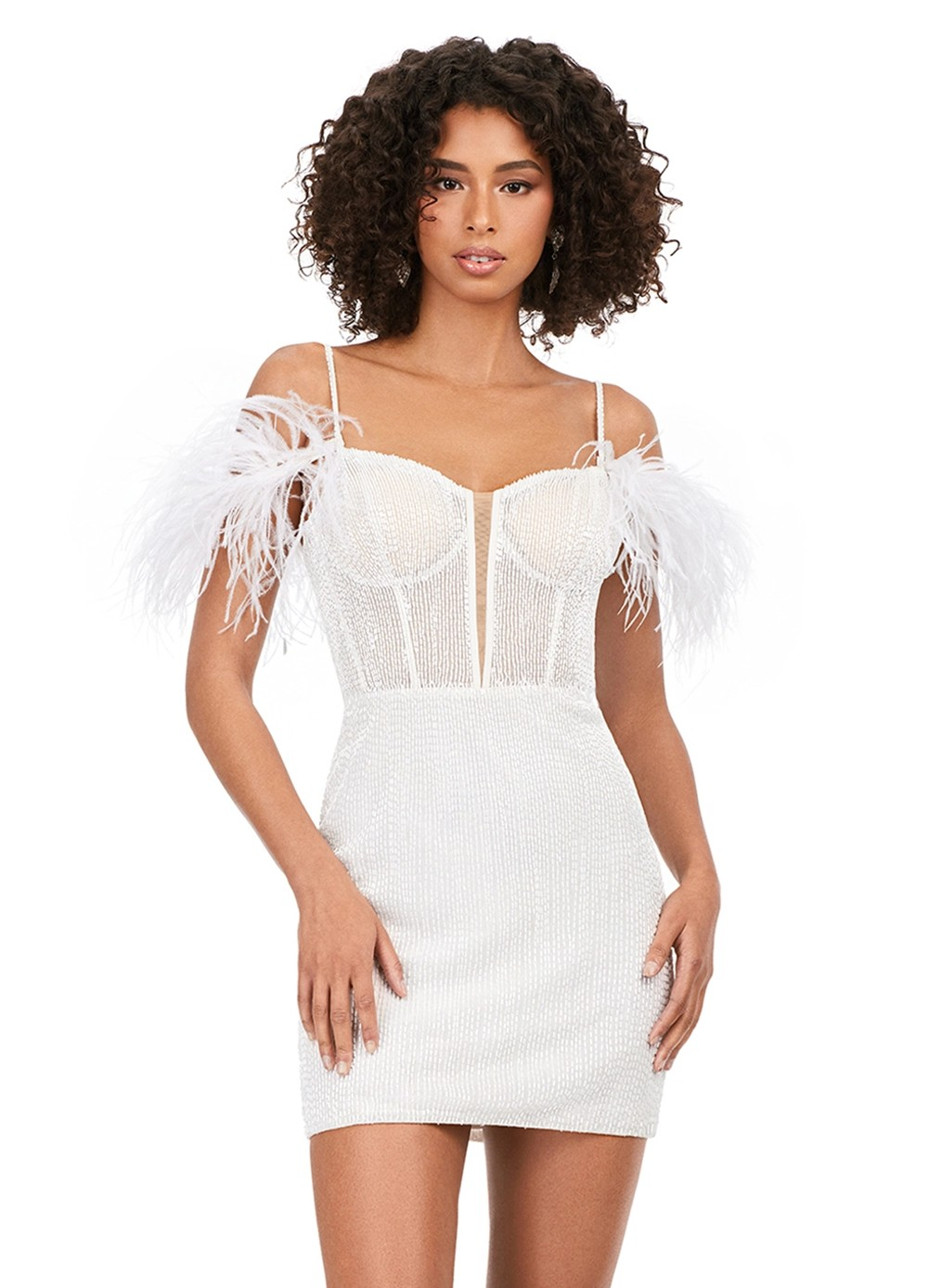 Ivory beaded off-the-shoulder, mini dress featuring feathered accents and a plunging neckline.