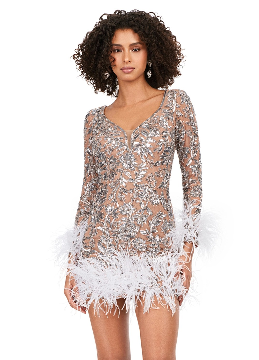 Silver mini dress featuring intricate floral sequin embroidery, long sheer sleeves, and feather trim at the cuffs and hemline for a glamorous and statement look.