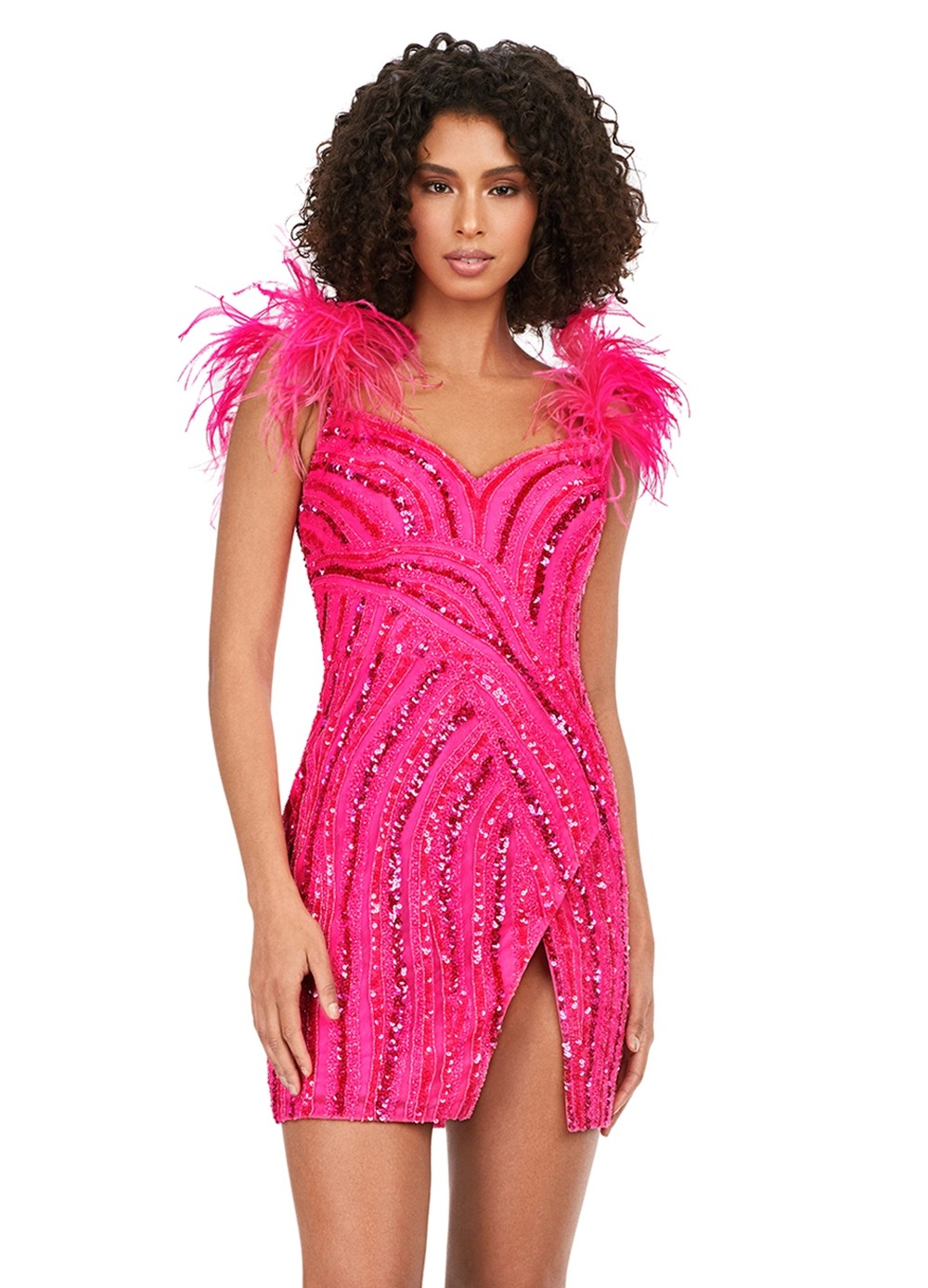 Fuchsia Sequin Mini Dress with Feather Shoulder Detail