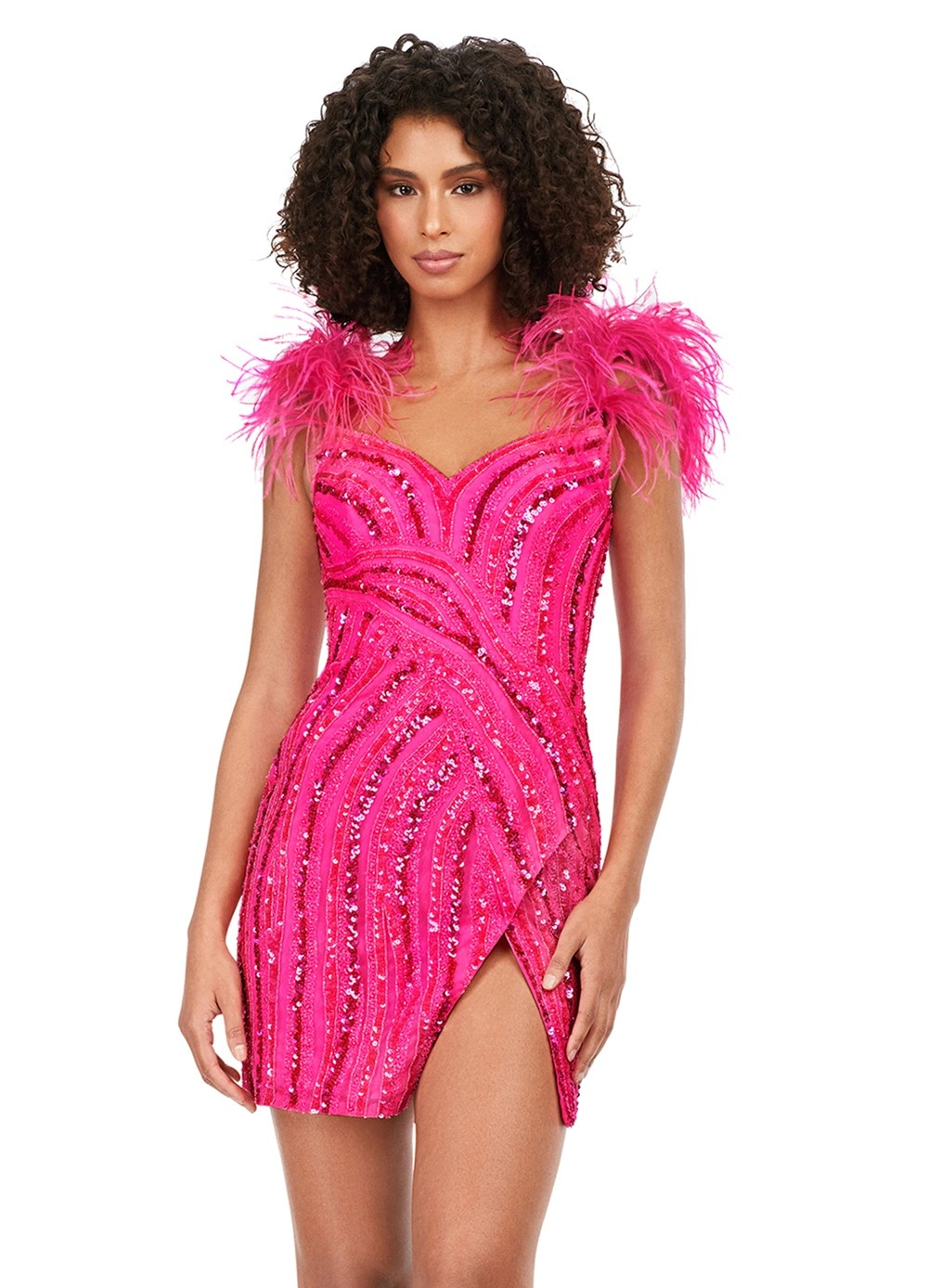 Fuchsia Sequin Mini Dress with Feather Shoulder Detail