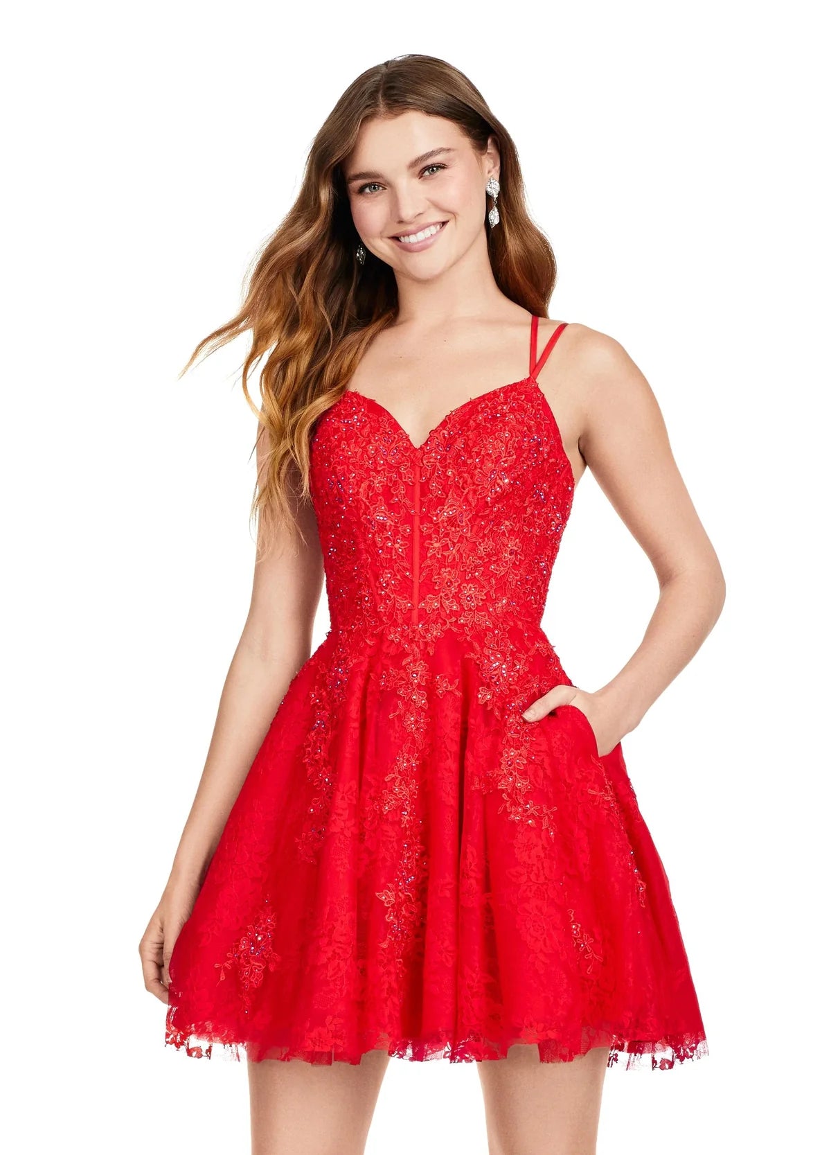 Red lace mini dress featuring a sweetheart neckline, fitted bodice, and flared skirt with delicate detailing.