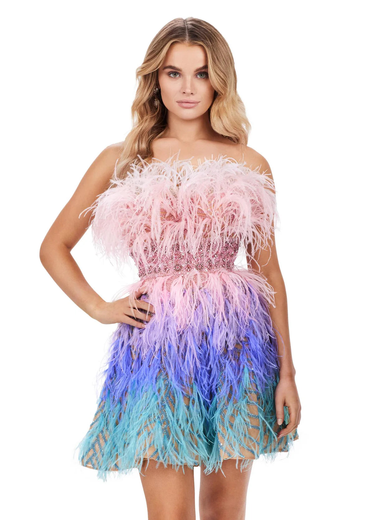 Strapless Feathered Mini Dress With Gradient Ombre Design

