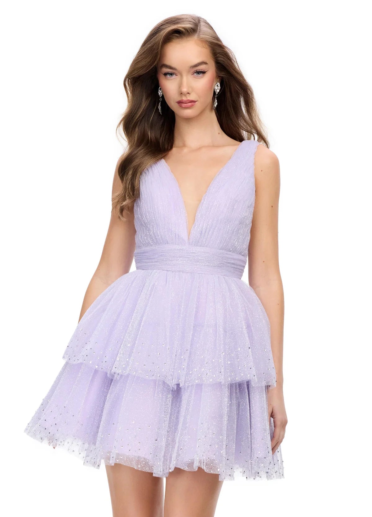 Lavender tiered mini dress featuring a plunging V-neckline, delicate tulle layers with sparkling accents, and a cinched waist for a fairytale-inspired look.