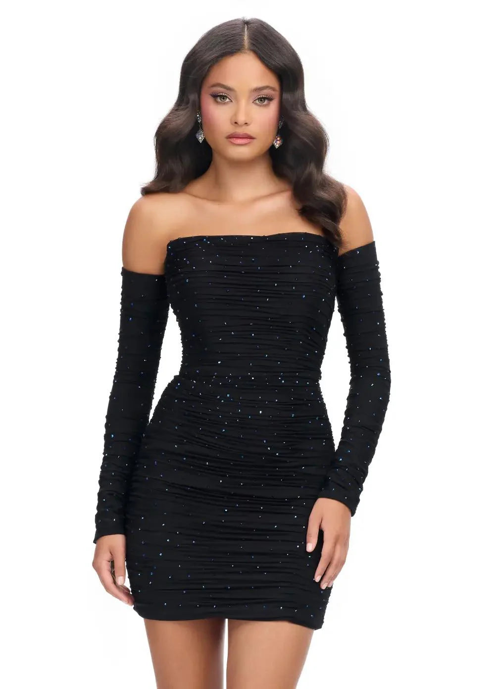 Off-Shoulder Black Mini Dress with Rhinestone Embellishments | Glamorous Party Dress for Special Nights