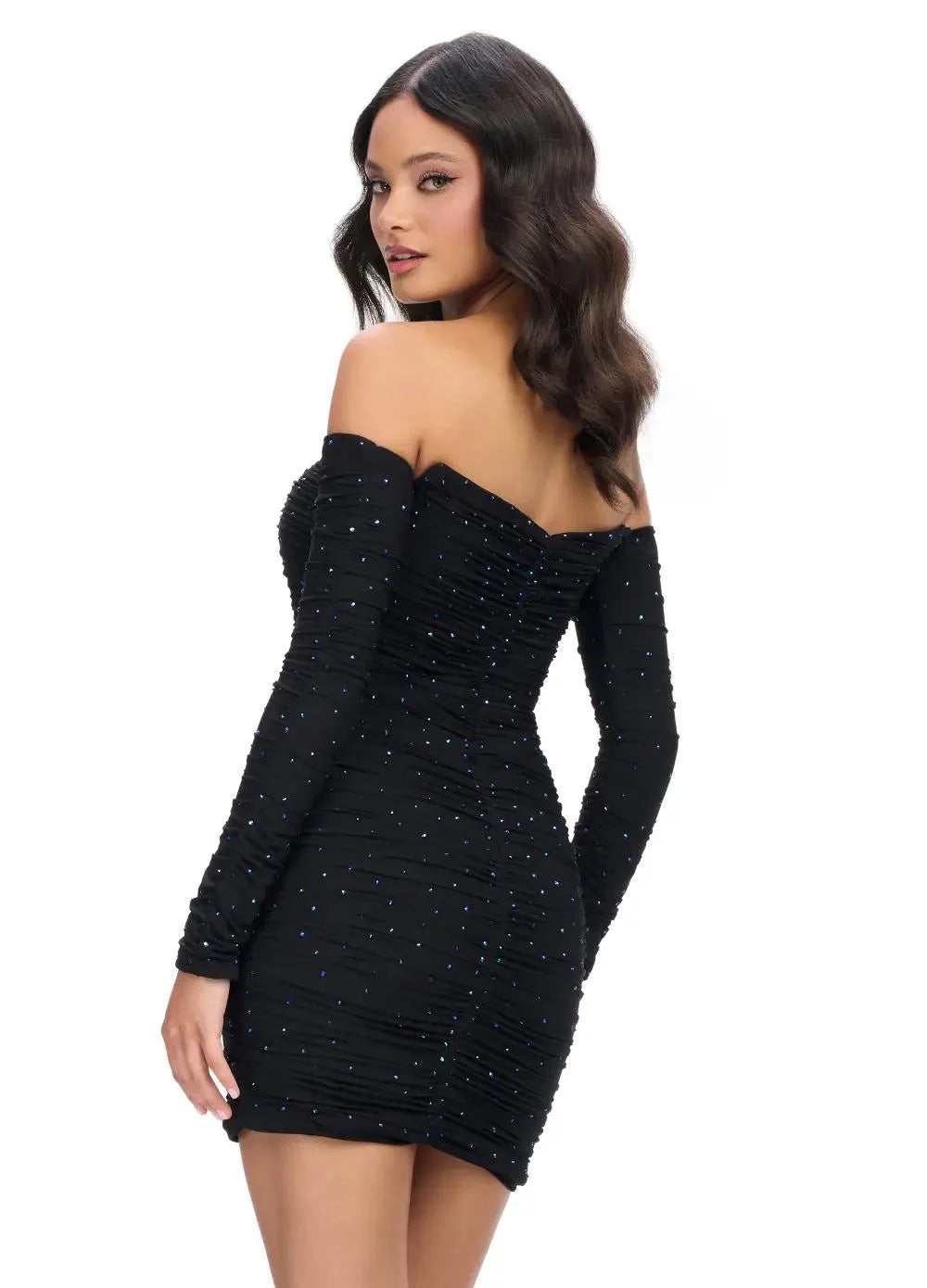 Back view | Off-Shoulder Black Mini Dress with Rhinestone Embellishments | Glamorous Party Dress for Special Nights