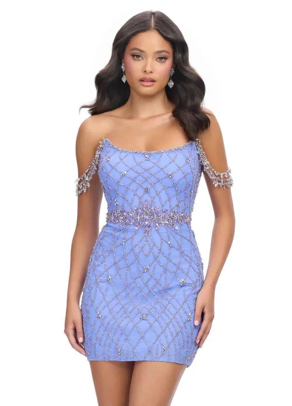 Light blue mini dress adorned with intricate crystal embellishments in a lattice design, featuring delicate off-the-shoulder straps and a fitted silhouette for a dazzling look.