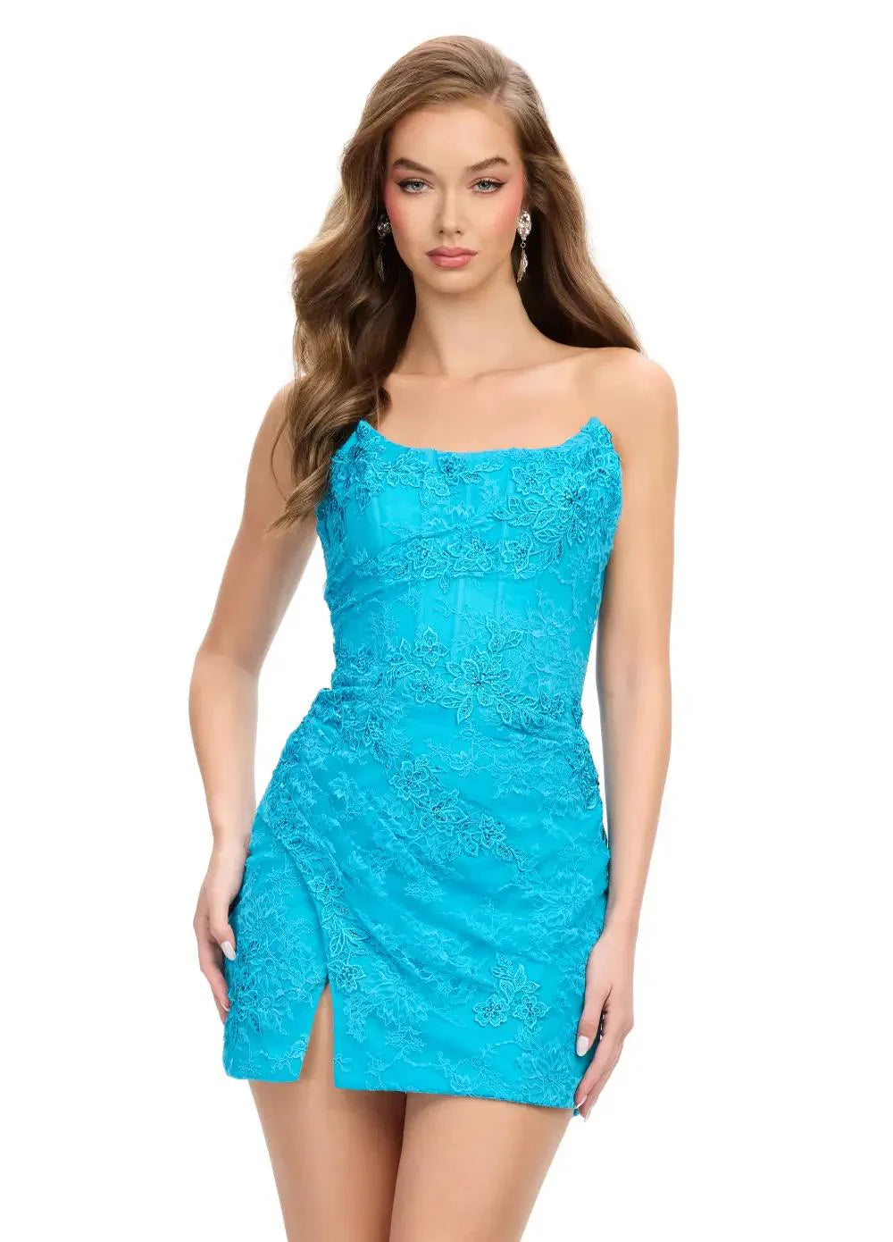 Turquoise mini dress adorned with delicate lace detailing, featuring a sweetheart neckline and a subtle front slit for a flirty and feminine look.