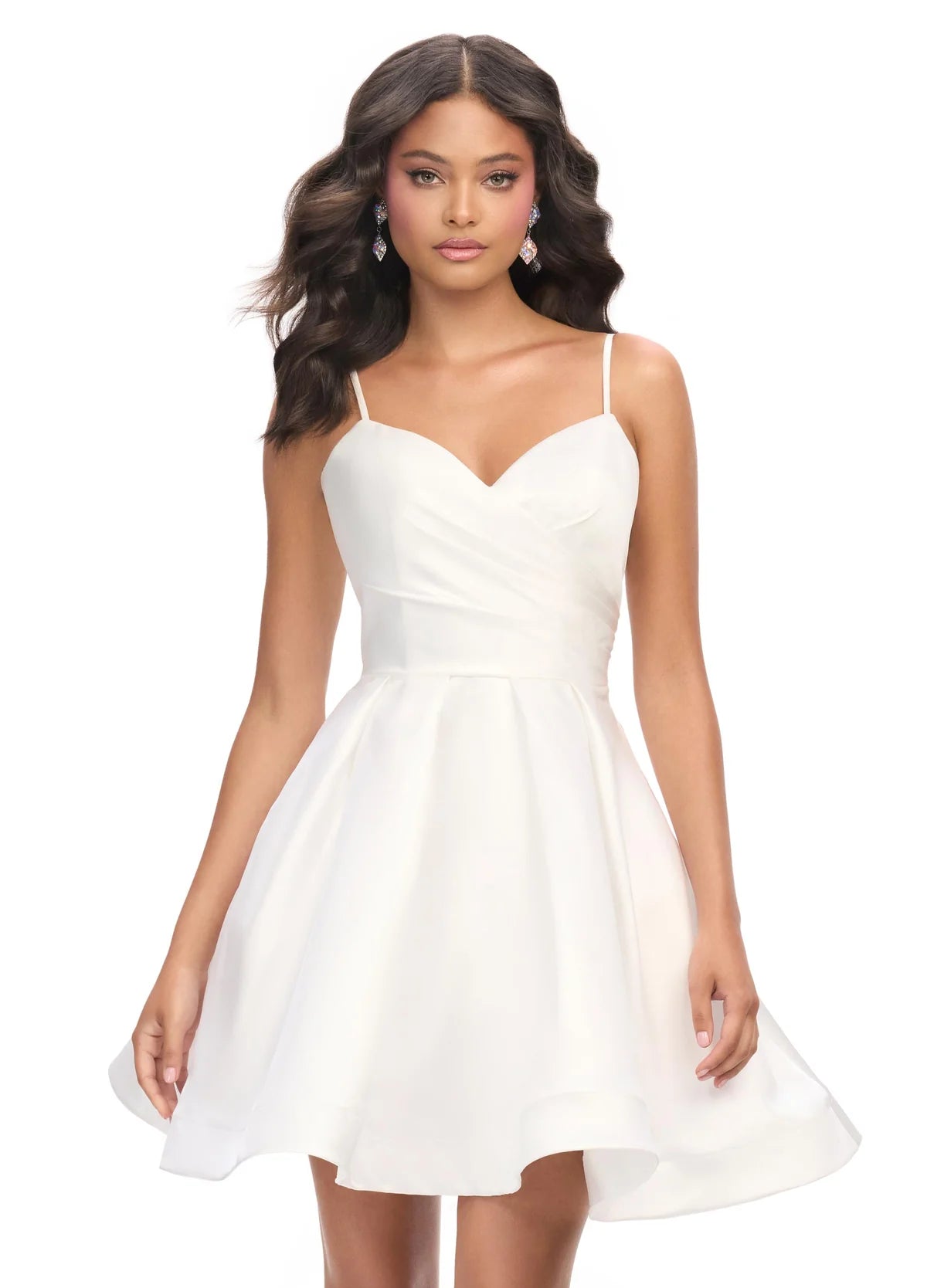 White spaghetti strap cocktail dress with a sweetheart neckline and flared skirt