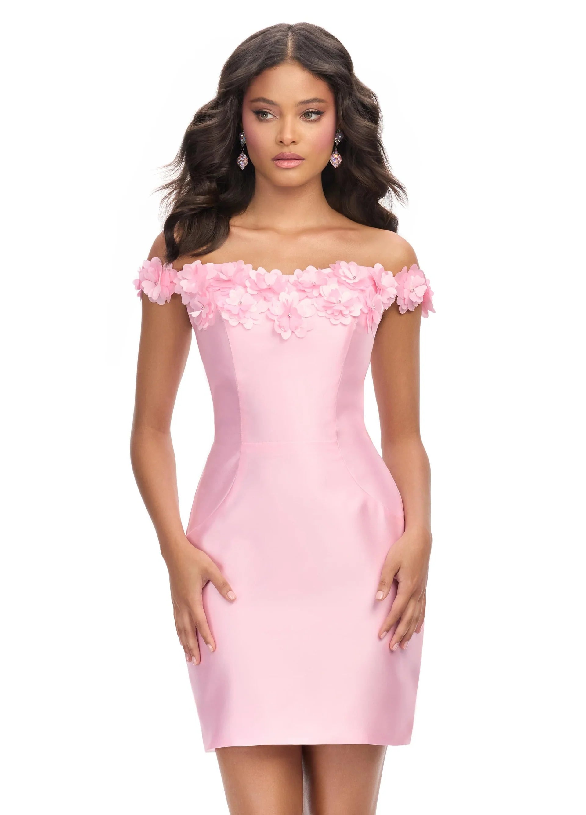 Off-Shoulder Pink Mini Dress with Floral Appliqué Neckline | Elegant and Feminine Cocktail Dress