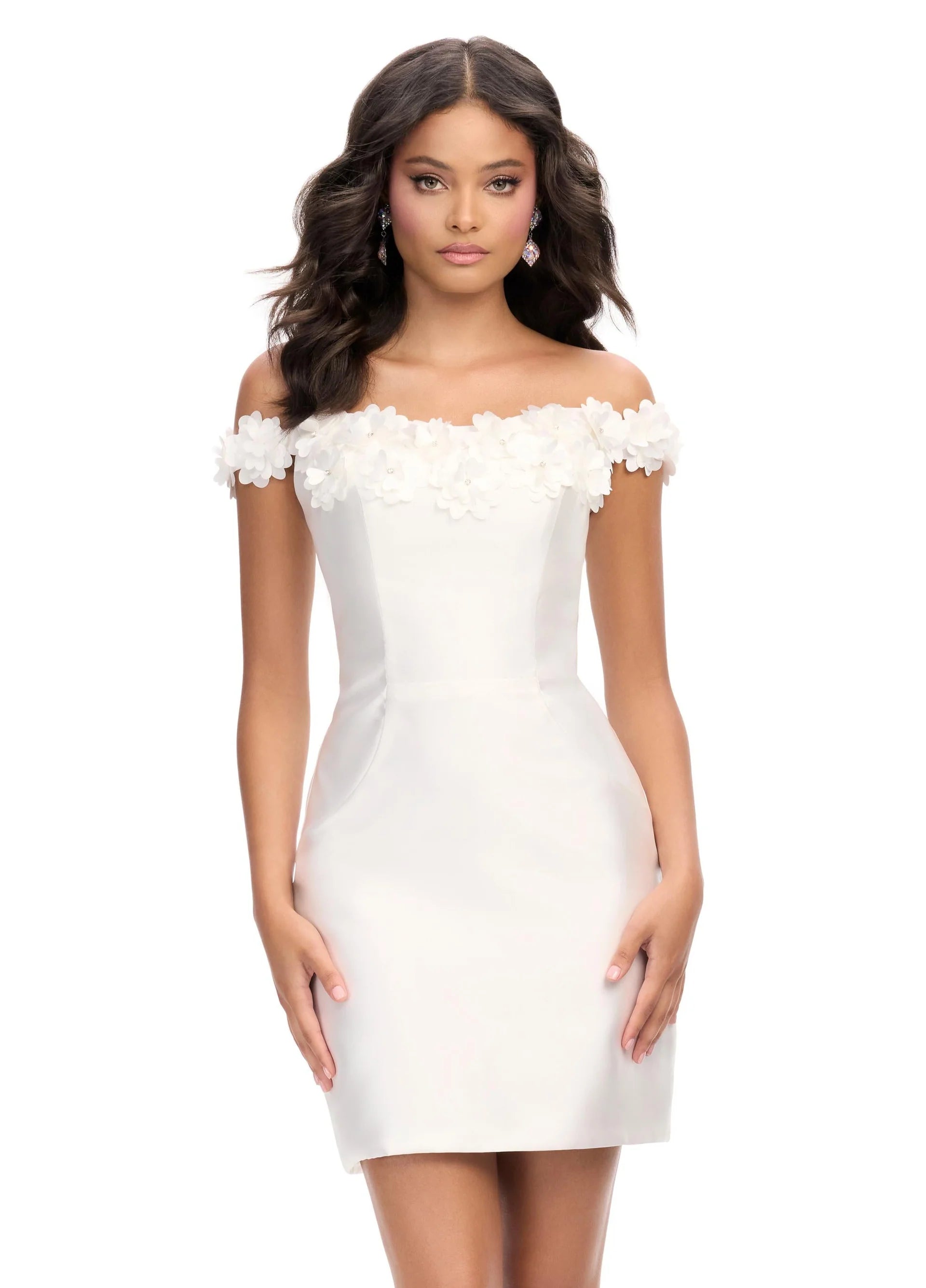 Off-Shoulder White Mini Dress with Floral Appliqué Neckline | Elegant and Feminine Cocktail Dress





