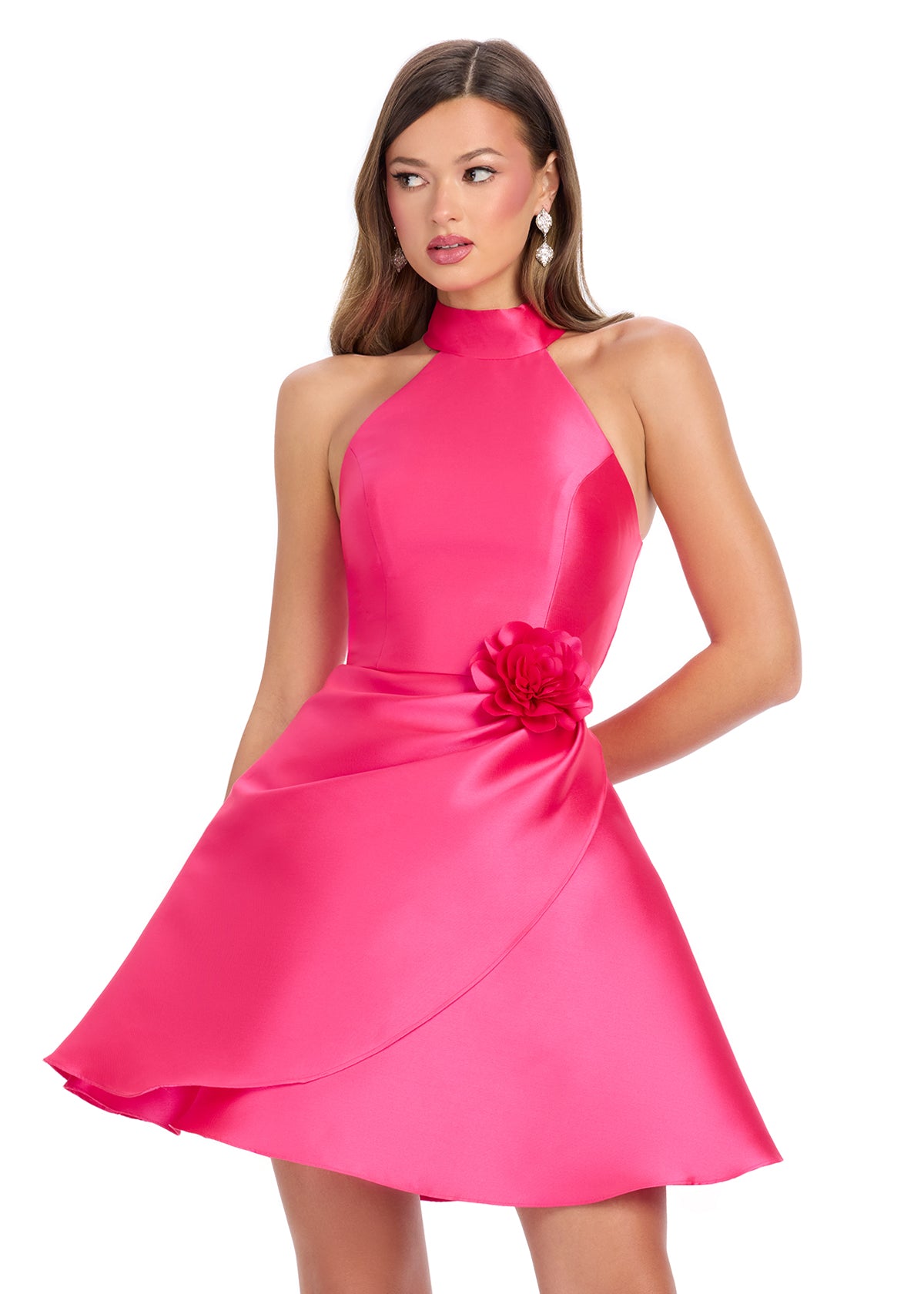 Fuchsia halter-neck mini dress with a flared skirt and floral detail at the waist.