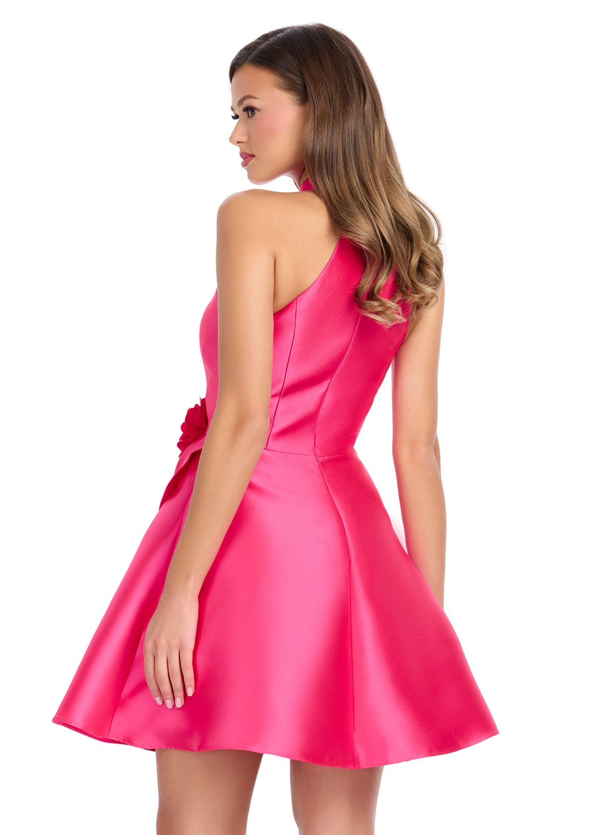 Back View - Fuchsia halter-neck mini dress with a flared skirt and floral detail at the waist.