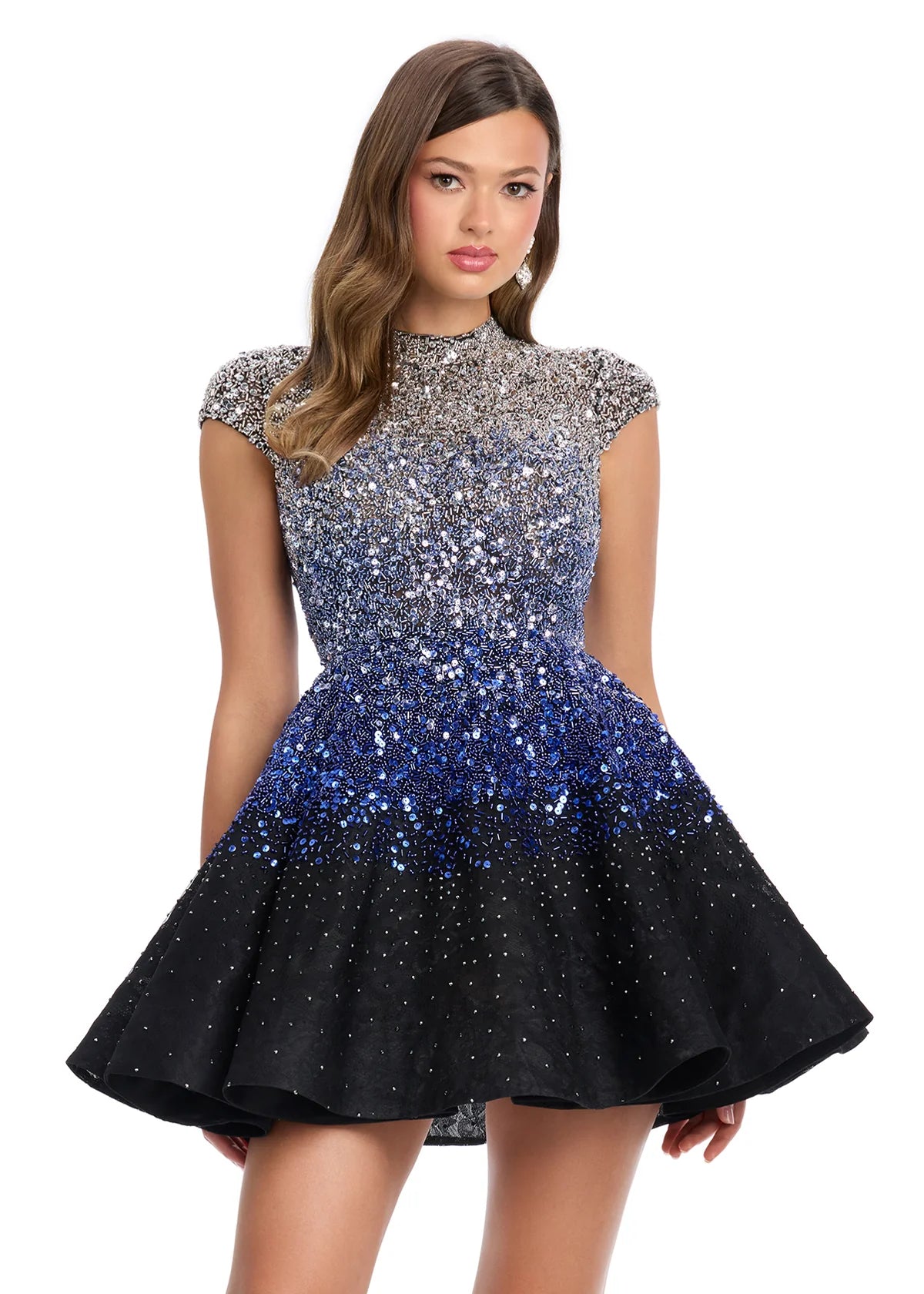 ASHLEYlauren 4804 Black Kaia Mini Dress – Dazzling fully beaded A-line cocktail dress with ombré beading and delicate lace detailing. A glamorous and flirty statement piece, perfect for special occasions.