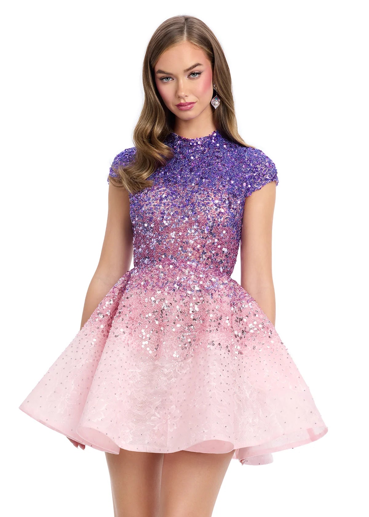 ASHLEYlauren 4804 Pink Kaia Mini Dress – Dazzling fully beaded A-line cocktail dress with ombré beading and delicate lace detailing. A glamorous and flirty statement piece, perfect for special occasions.