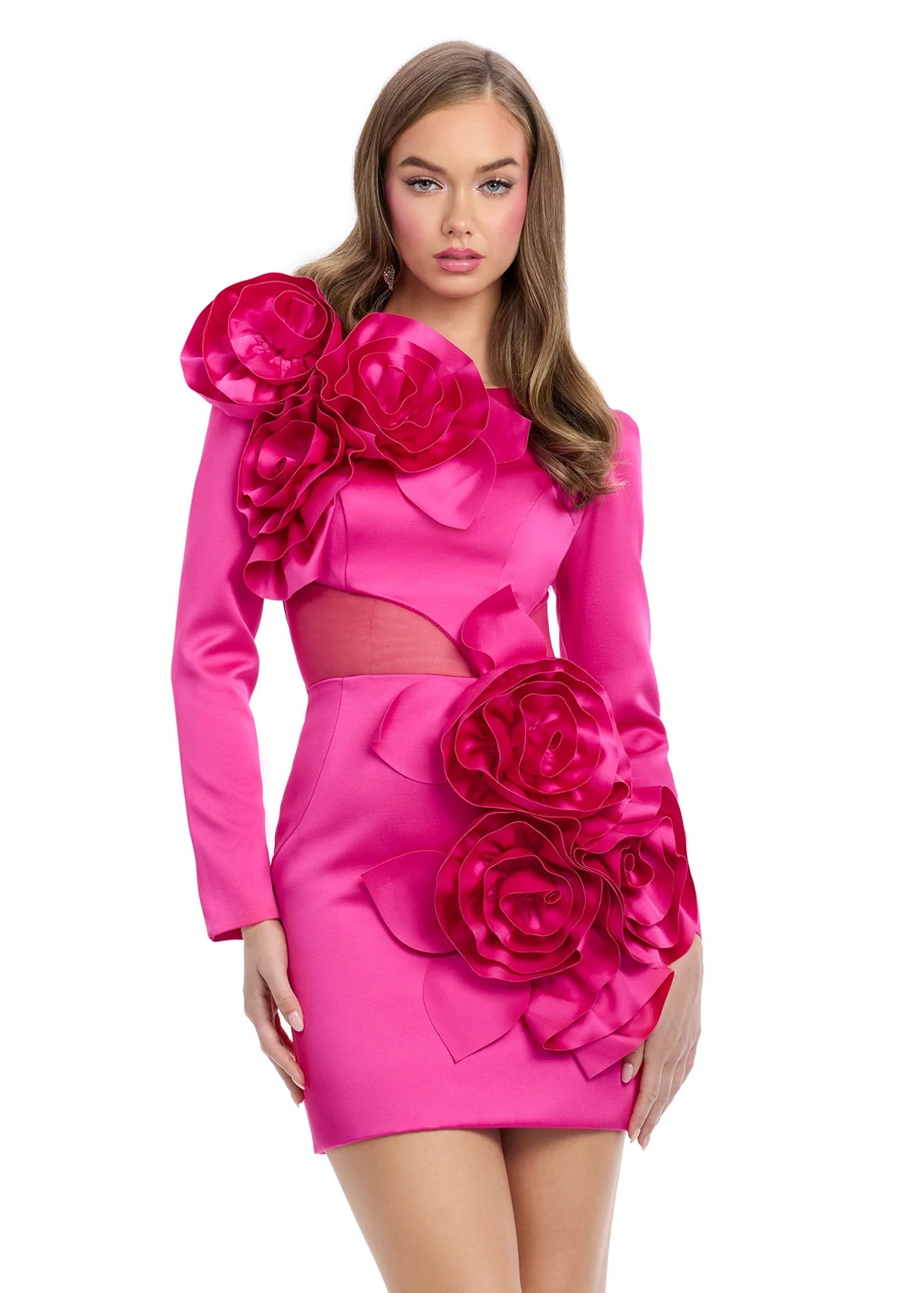 ASHLEYlauren 4805 Fuchsia Nevali Mini Dress – Sophisticated satin mini dress featuring long sleeves, a striking lace-up open back, and asymmetrical 3D floral accents. A bold and elegant choice for any special occasion.







