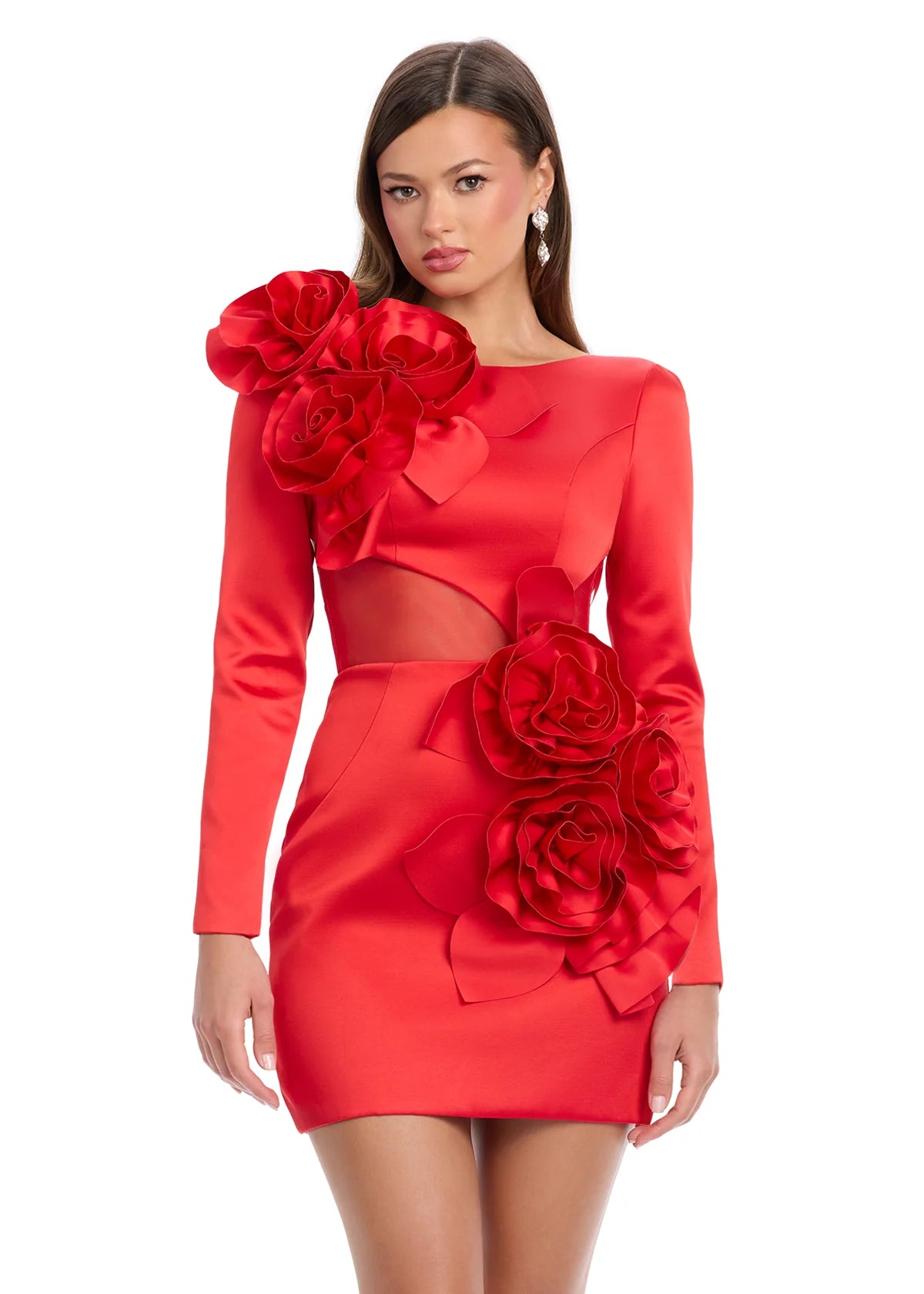 ASHLEYlauren 4805 Red Nevali Mini Dress – Elegant satin mini dress with long sleeves, a daring lace-up open back, and asymmetrical 3D flower accents. A bold and sophisticated statement piece for any special occasion.