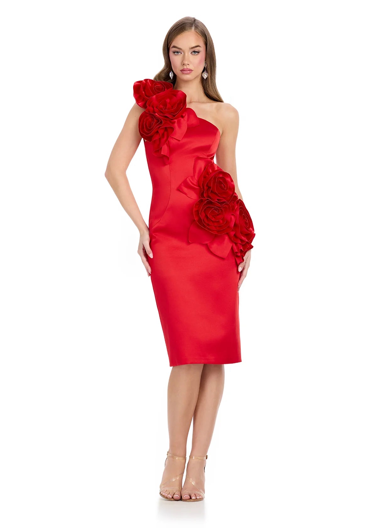 ASHLEYlauren 4814 Red Monica Midi Dress – Luxurious one-shoulder satin midi dress featuring oversized floral embellishments for a dramatic, romantic touch. A sleek and sophisticated statement piece perfect for special occasions. 