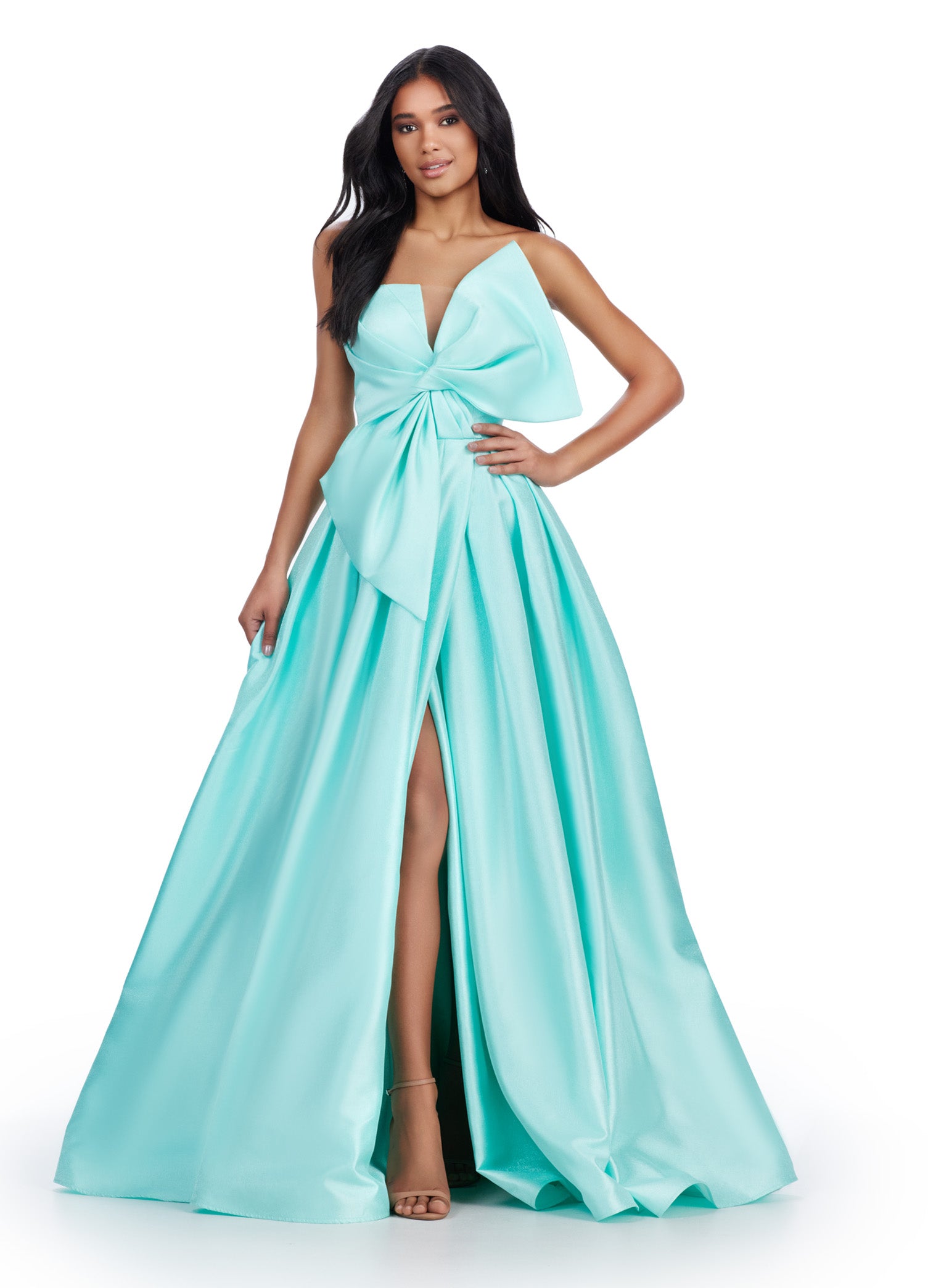 Delilah ASHLEYlauren Gown | Aqua Twisted Bow Bodice, Ball Gown With Slit