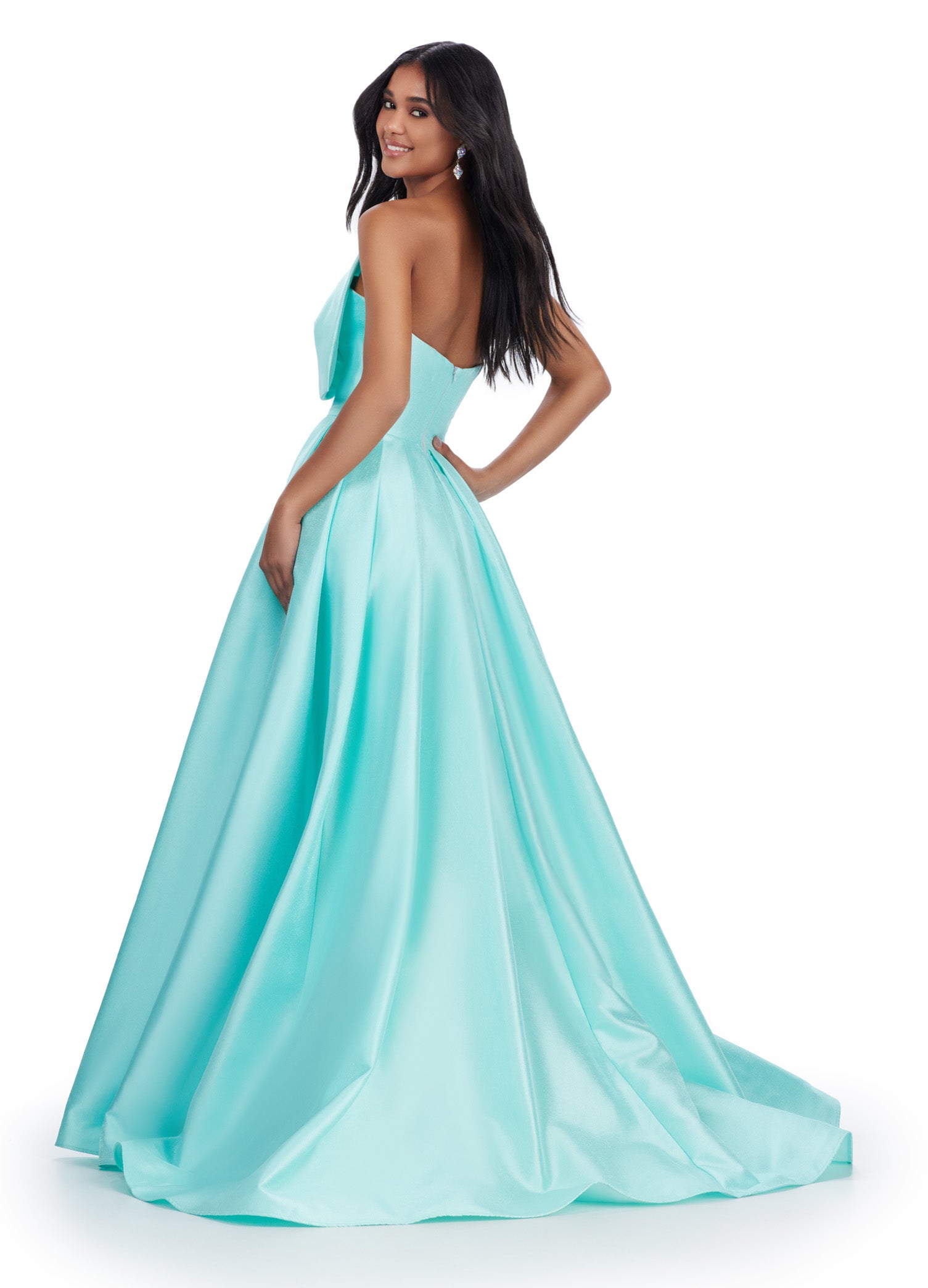 Delilah ASHLEYlauren Gown | Aqua Twisted Bow Bodice, Ball Gown With Slit