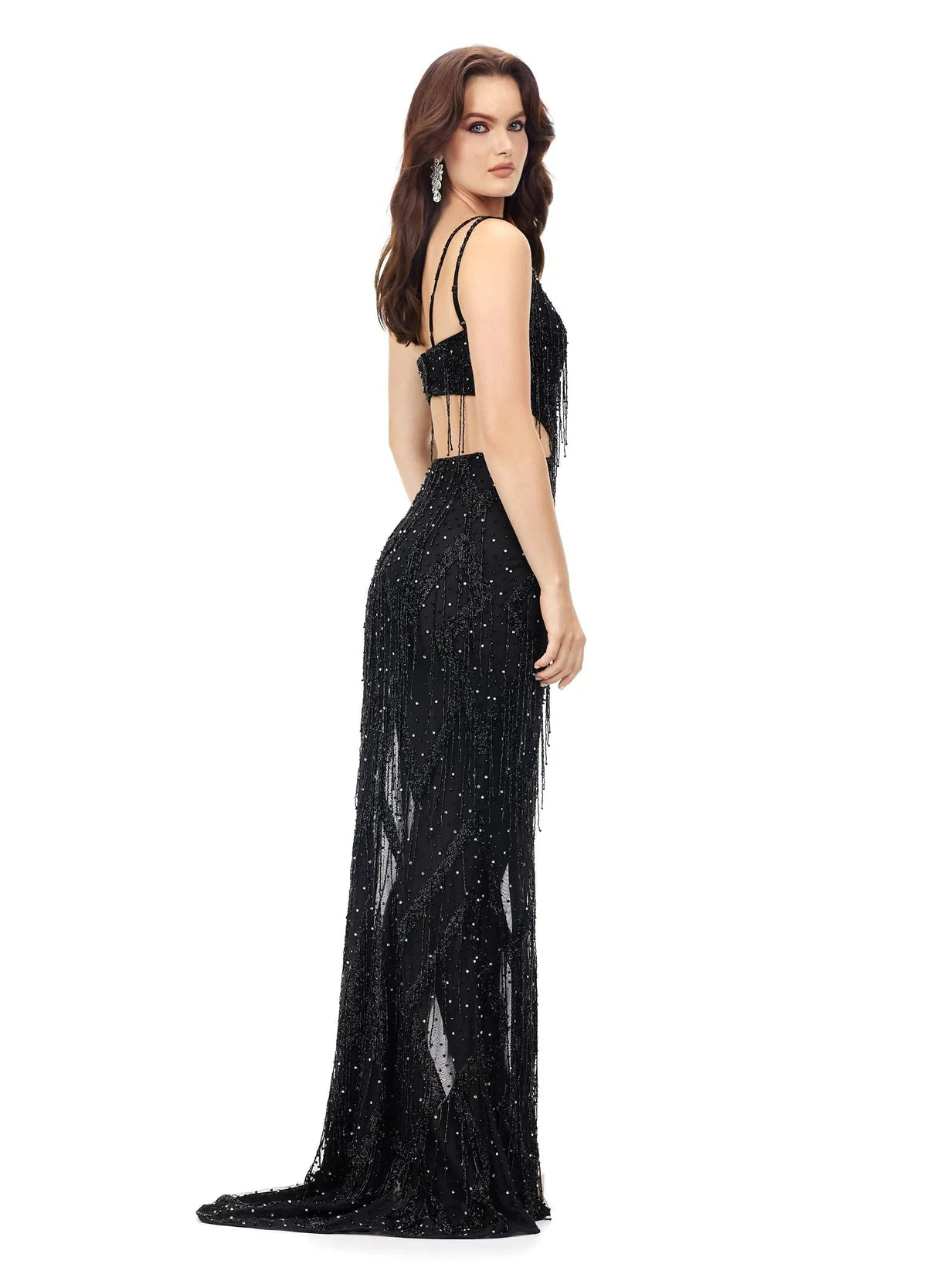 Indie ASHLEYlauren Dress - One Shoulder, Cut Out, Beaded Evening Gown - Black Fringe