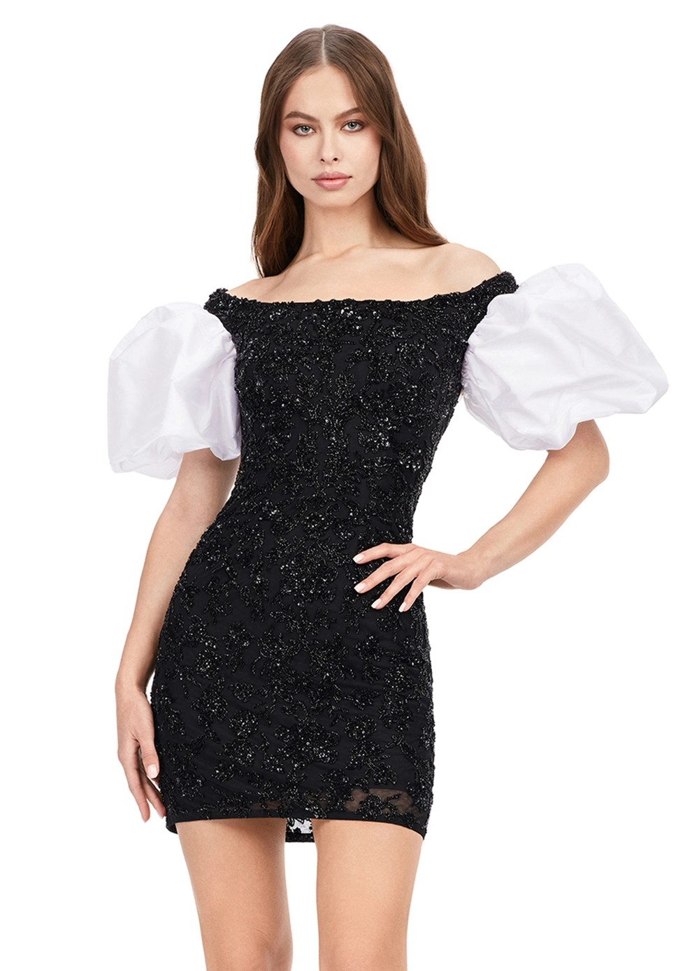 Black Beaded Mini Dress Featuring Off-The-Shoulder Neckline, Intricate Embellishments, And Contrasting White Puff Sleeves.