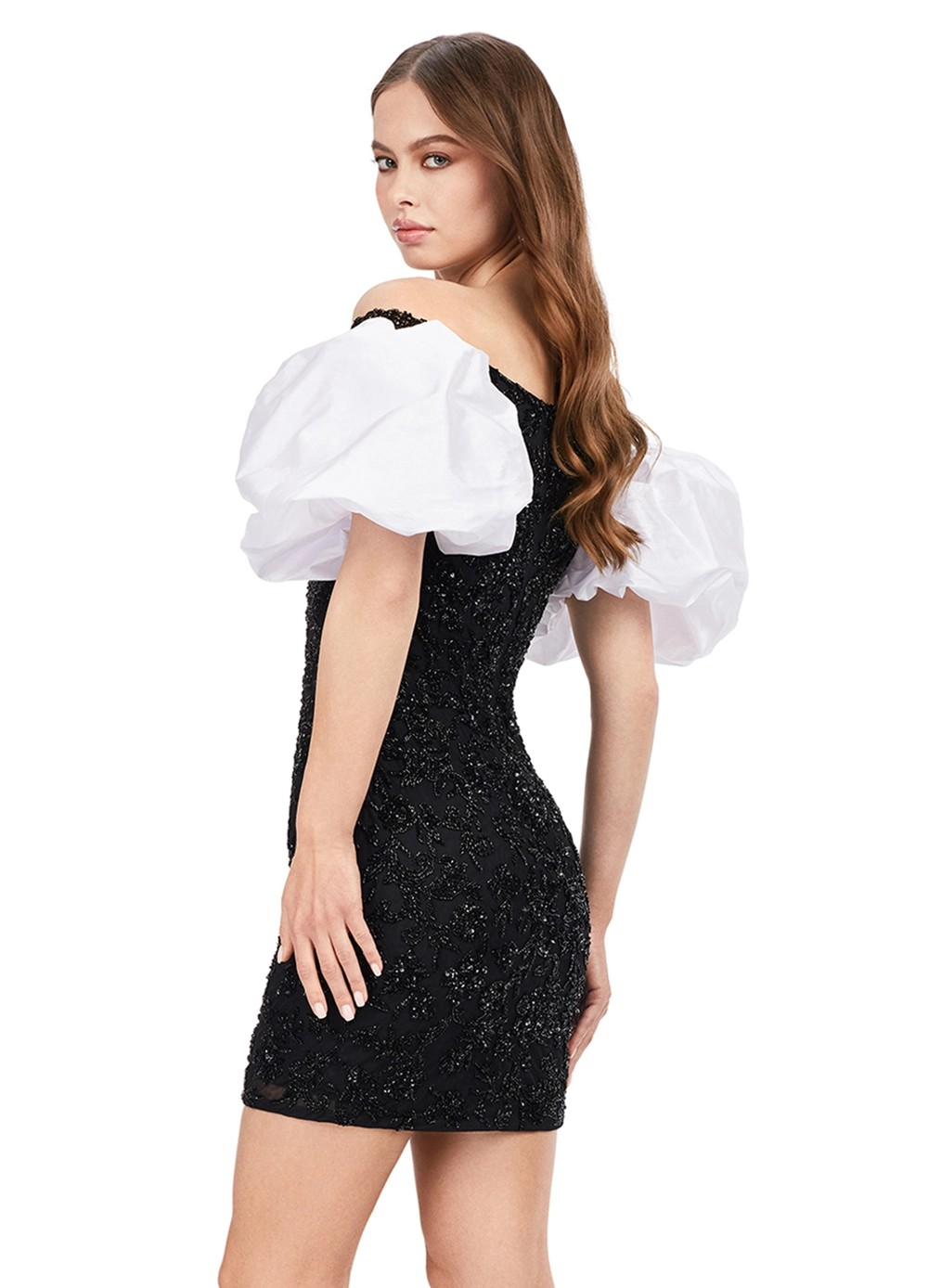 Black Beaded Mini Dress Featuring Off-The-Shoulder Neckline, Intricate Embellishments, And Contrasting White Puff Sleeves. Back View.