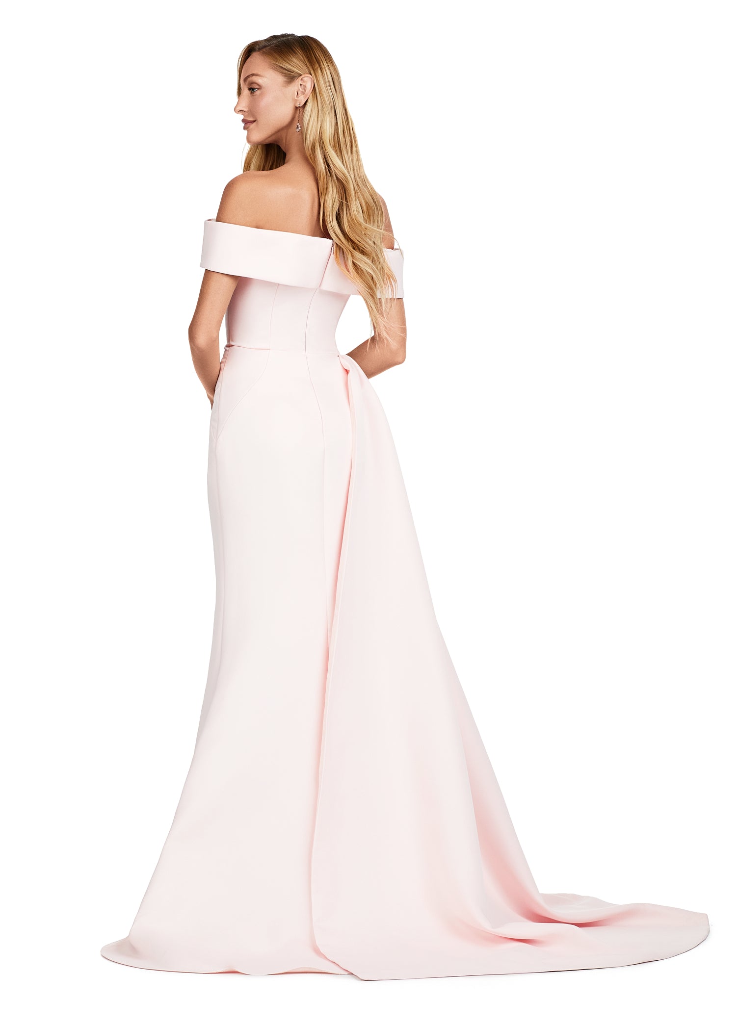 Back view - Blush-coloured evening gown featuring an off-the-shoulder neckline, elegant draped bodice, and statement side bow with intricate floral embellishment for added sophistication.