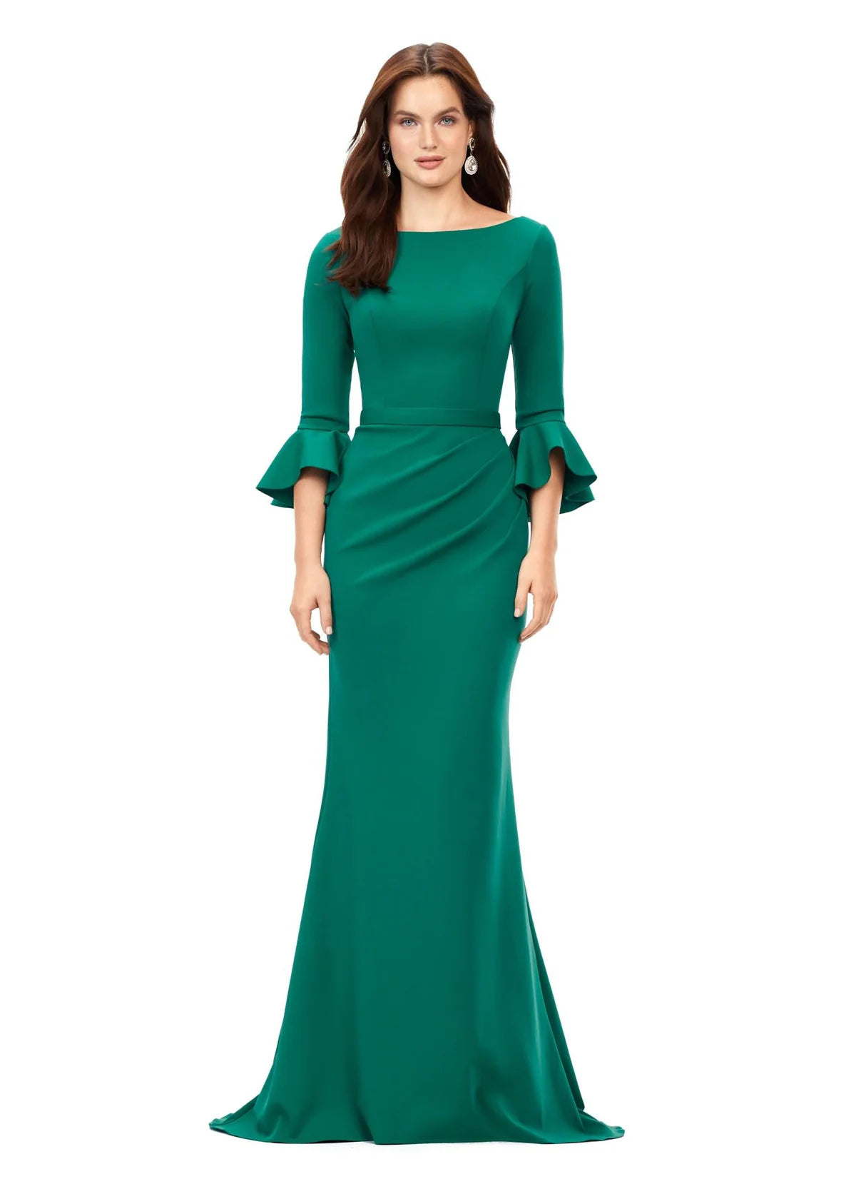 Classic long-sleeve evening gown featuring a boat neckline, fitted waist, flared ruffle cuffs, and a floor-length skirt with elegant draping.