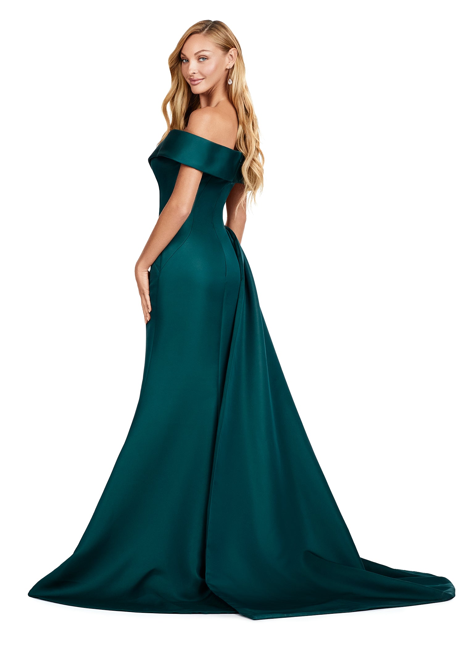 Back view - Emerald green evening gown featuring an off-the-shoulder neckline, elegant draped bodice, and statement side bow with intricate floral embellishment for added sophistication.