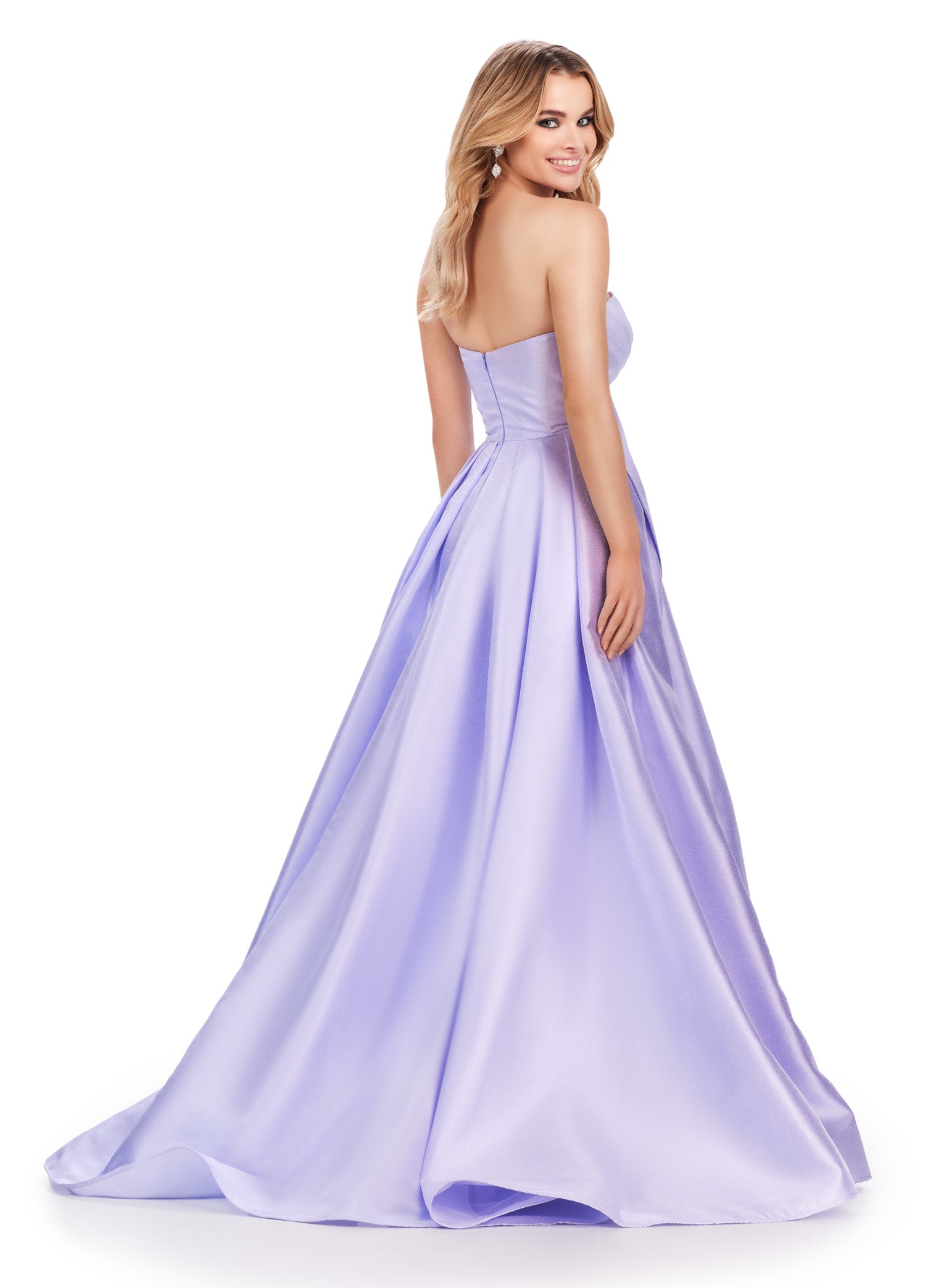 Delilah ASHLEYlauren Gown | Lilac Twisted Bow Bodice, Ball Gown With Slit.