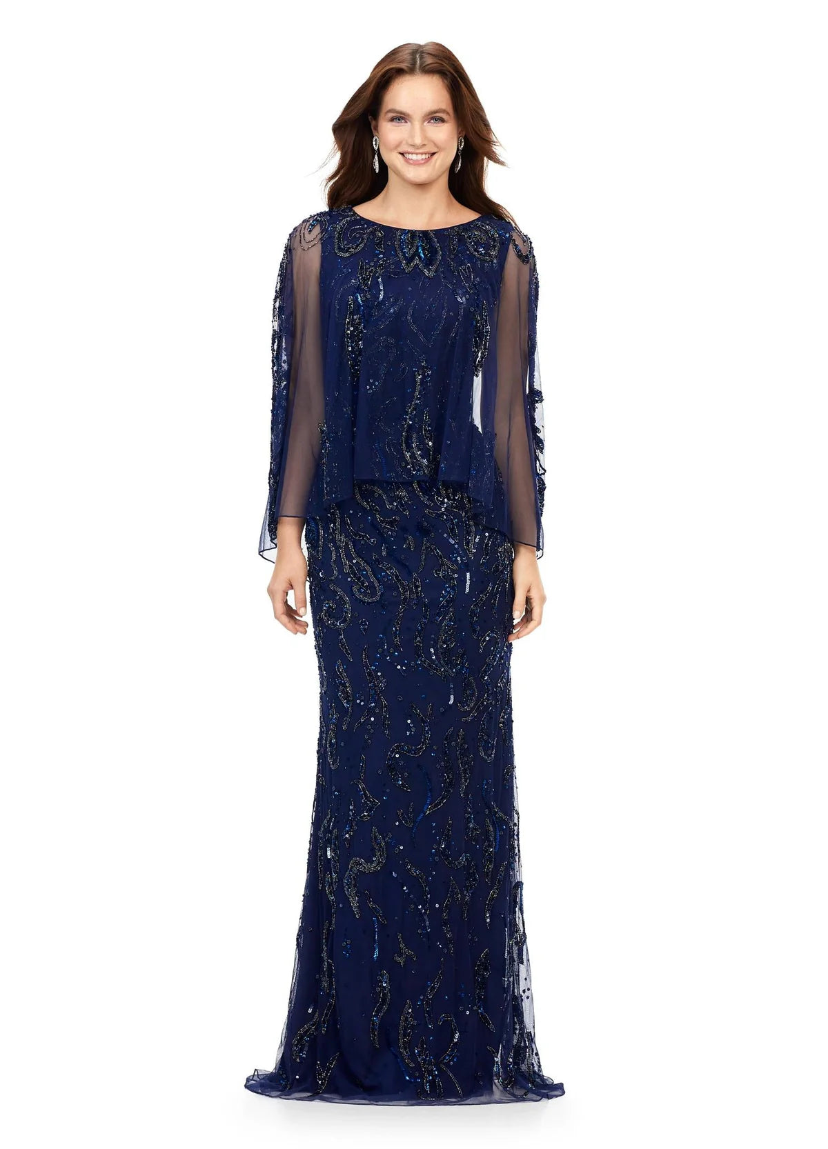 Elegant navy blue evening gown with a beaded design, sheer cape-style overlay, and a floor-length silhouette for a refined and sophisticated look.