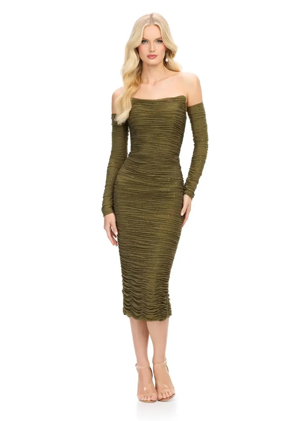 Olive green midi dress with an off-the-shoulder neckline, ruched detailing, and subtle embellishments, creating a timeless and sophisticated silhouette.