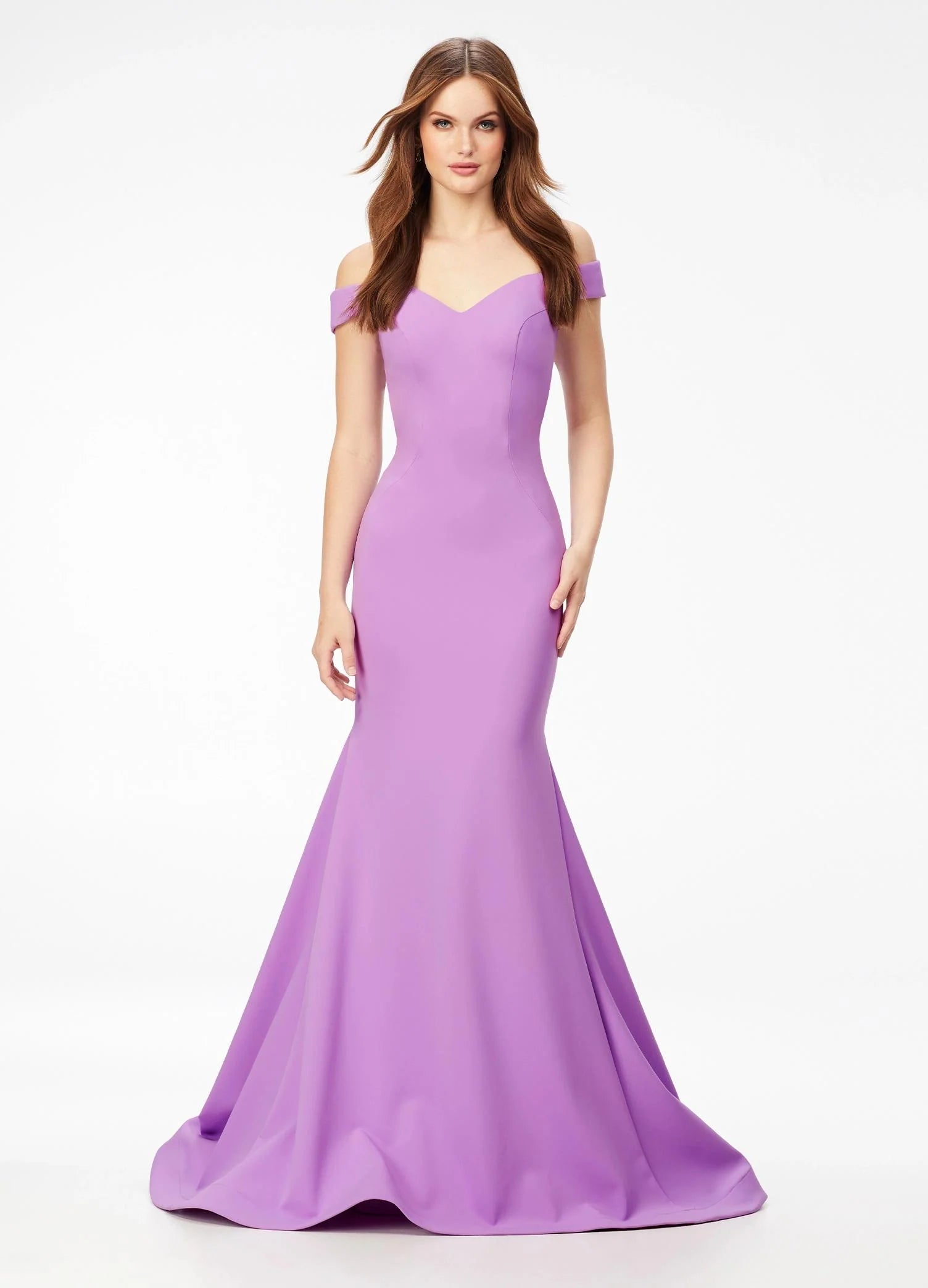 Orchid ASHLEYlauren 11025 Shai Gown – Elegant off-the-shoulder fit-and-flare gown with a structured sweetheart neckline, crisscross strappy back, and a dramatic sweep train, crafted from luxurious scuba fabric for a sleek and sophisticated look.