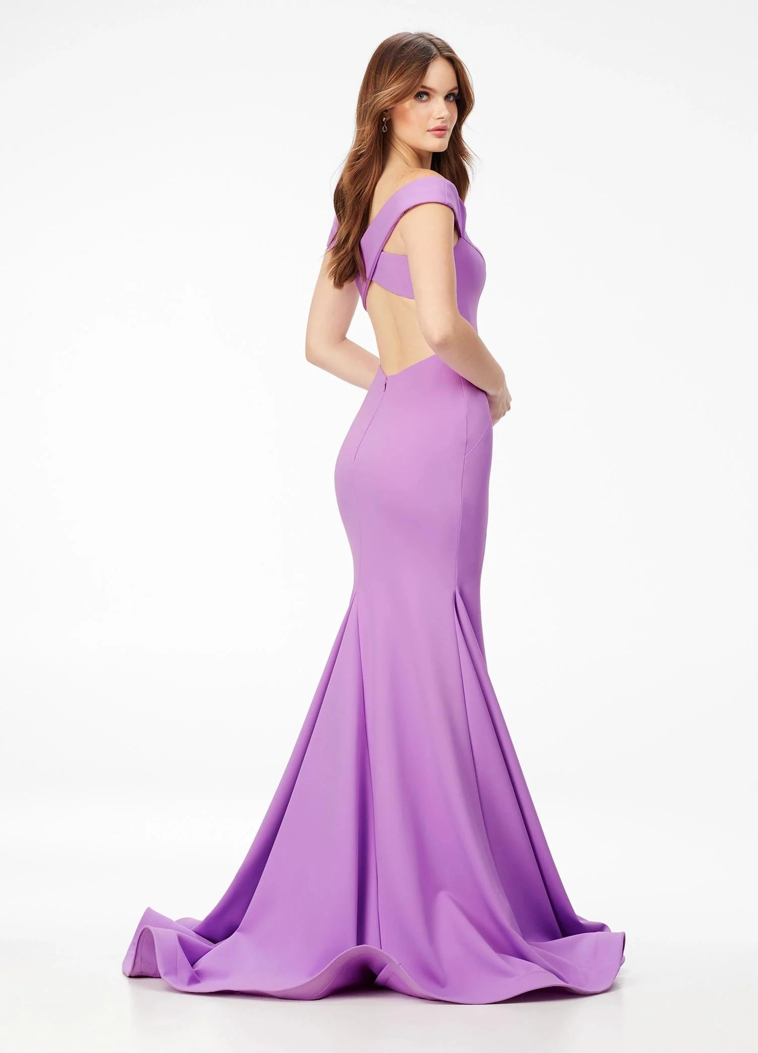 Back - Orchid ASHLEYlauren 11025 Shai Gown – Elegant off-the-shoulder fit-and-flare gown with a structured sweetheart neckline, crisscross strappy back, and a dramatic sweep train, crafted from luxurious scuba fabric for a sleek and sophisticated look.