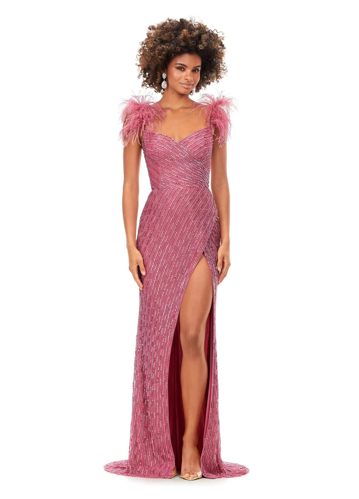 Pink Beaded Evening Gown With Sweetheart Neckline, Feathered Shoulder Accents, High Slit, and Fitted Silhouette