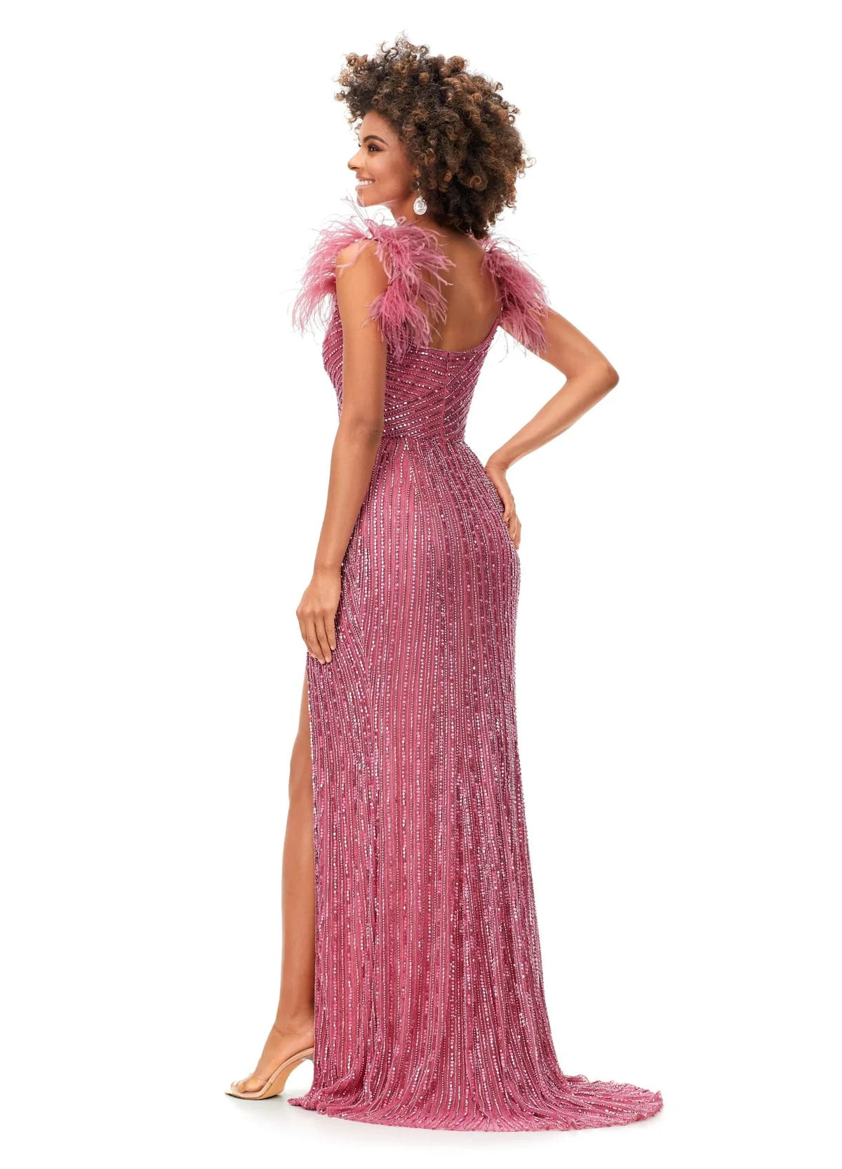 Back View - Pink Beaded Evening Gown With Sweetheart Neckline, Feathered Shoulder Accents, High Slit, and Fitted Silhouette