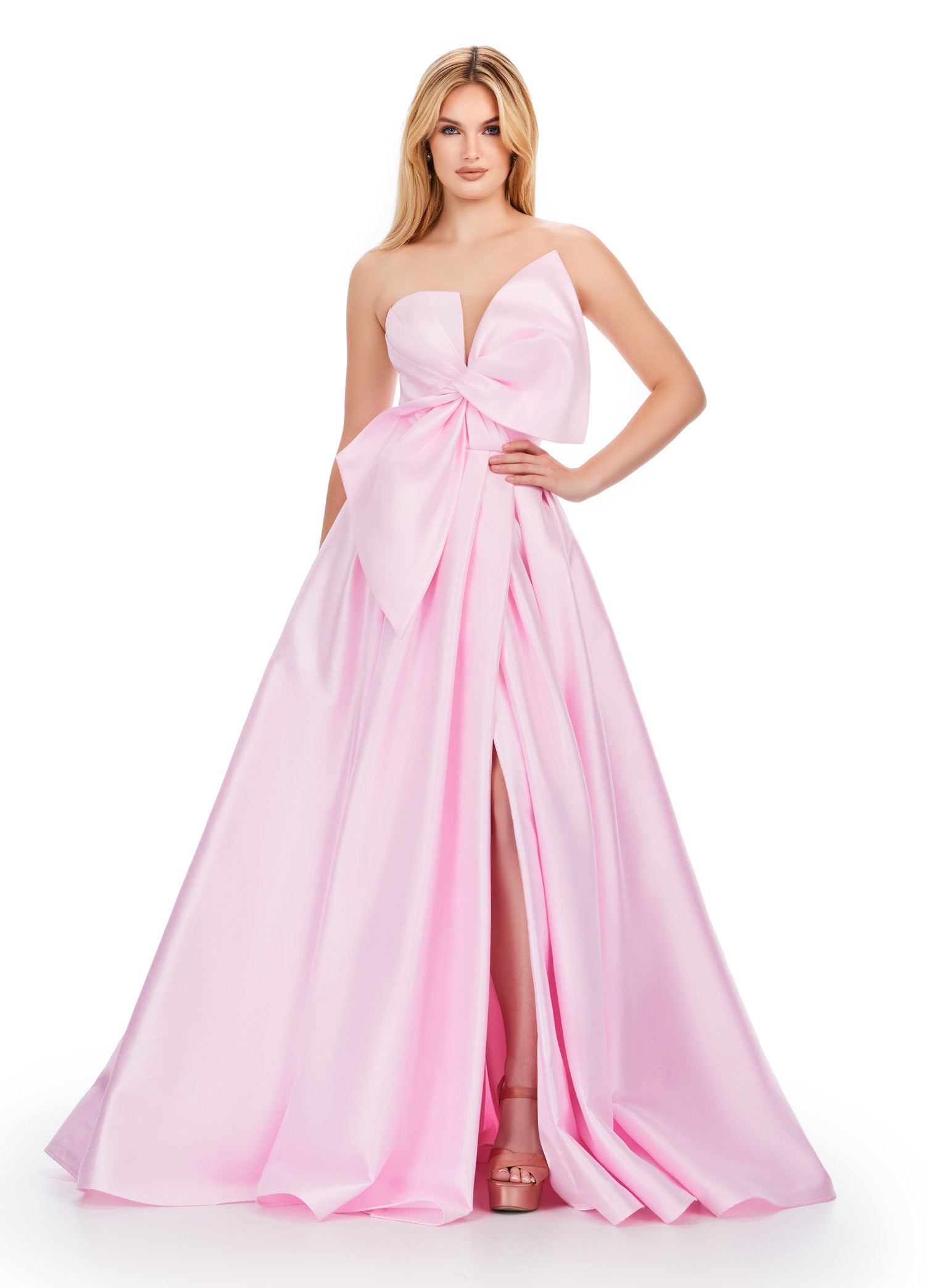 Delilah ASHLEYlauren Gown | Pink Twisted Bow Bodice, Ball Gown With Slit.