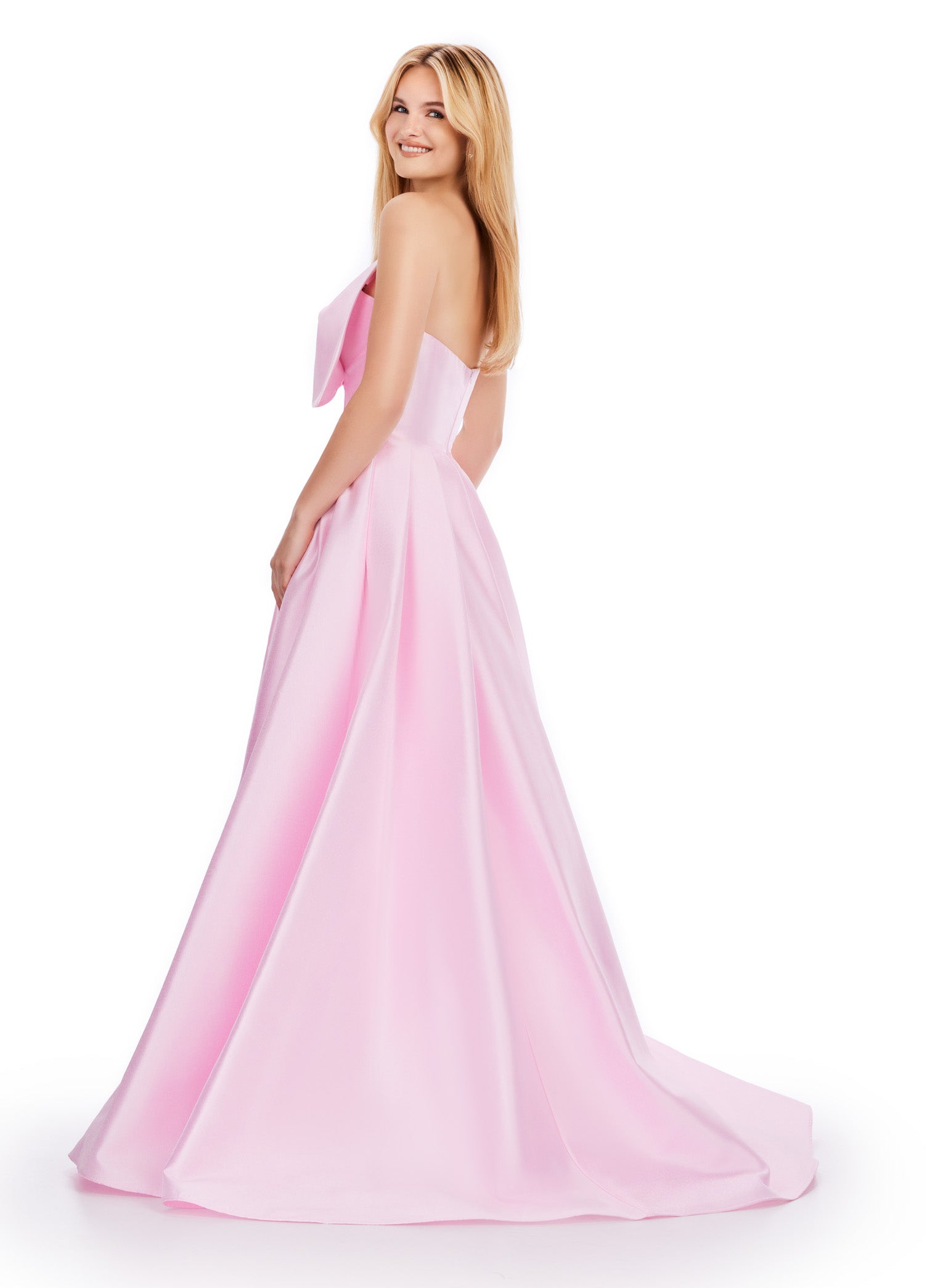 Delilah ASHLEYlauren Gown | Pink Twisted Bow Bodice, Ball Gown With Slit.