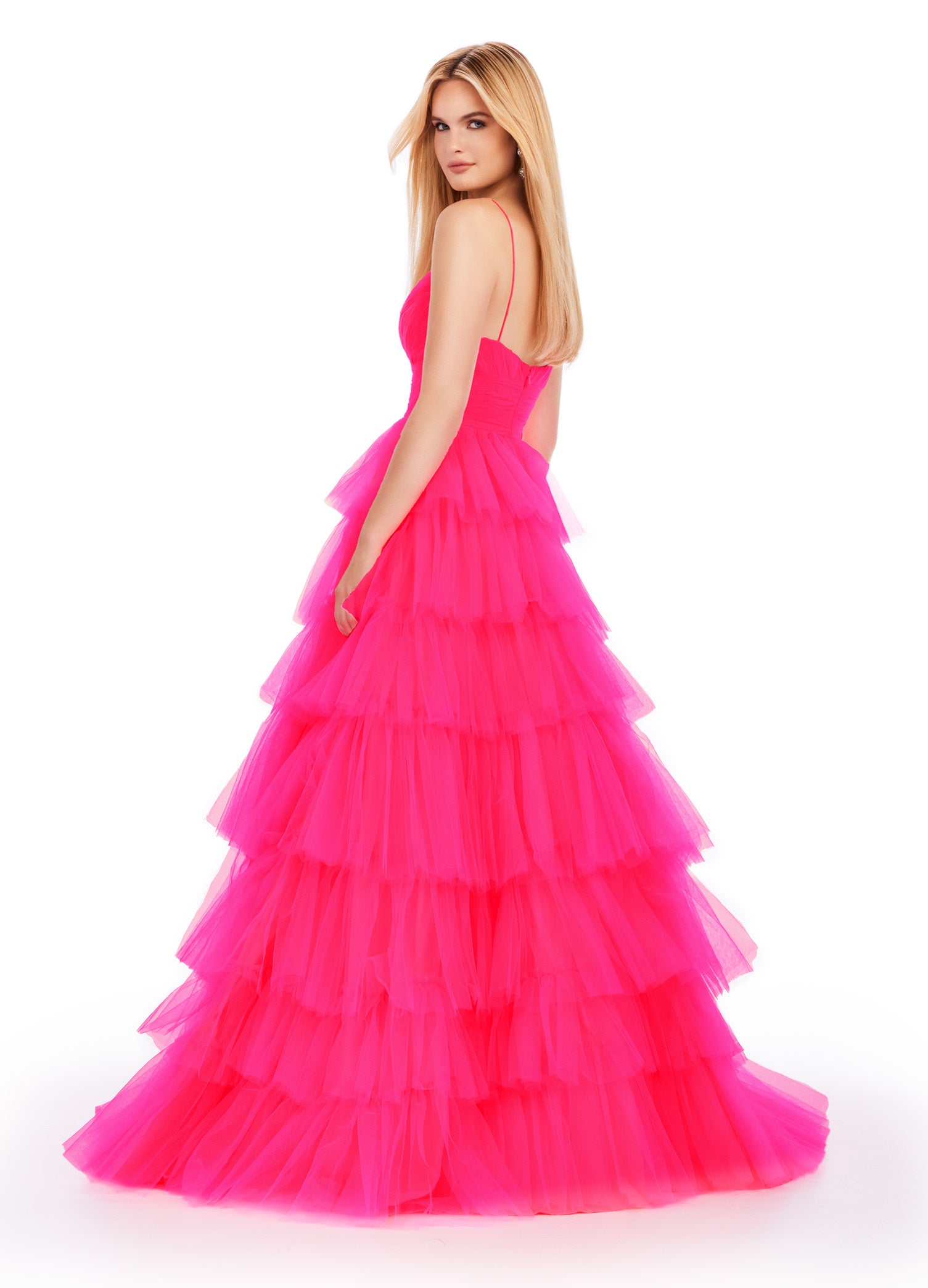 Hot Pink Tiered Tulle Ball Gown with Plunge Neckline – Dreamy and Elegant Evening Dress