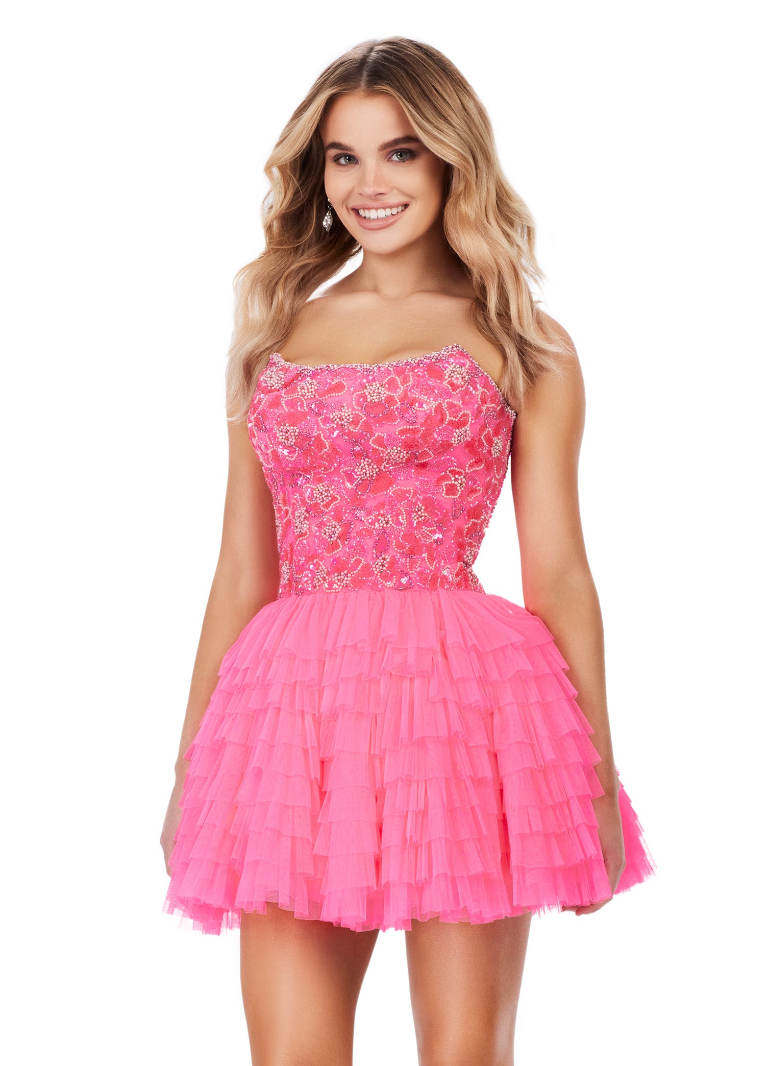 Pink mini dress with a sequinned bodice and layered tulle skirt, perfect for luxury evening events and high-end occasions