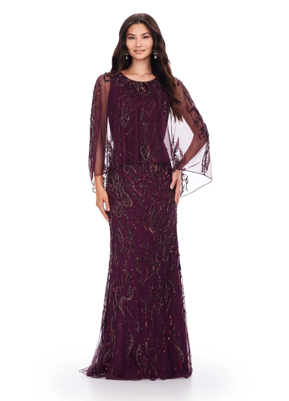 Elegant plum evening gown with a beaded design, sheer cape-style overlay, and a floor-length silhouette for a refined and sophisticated look.