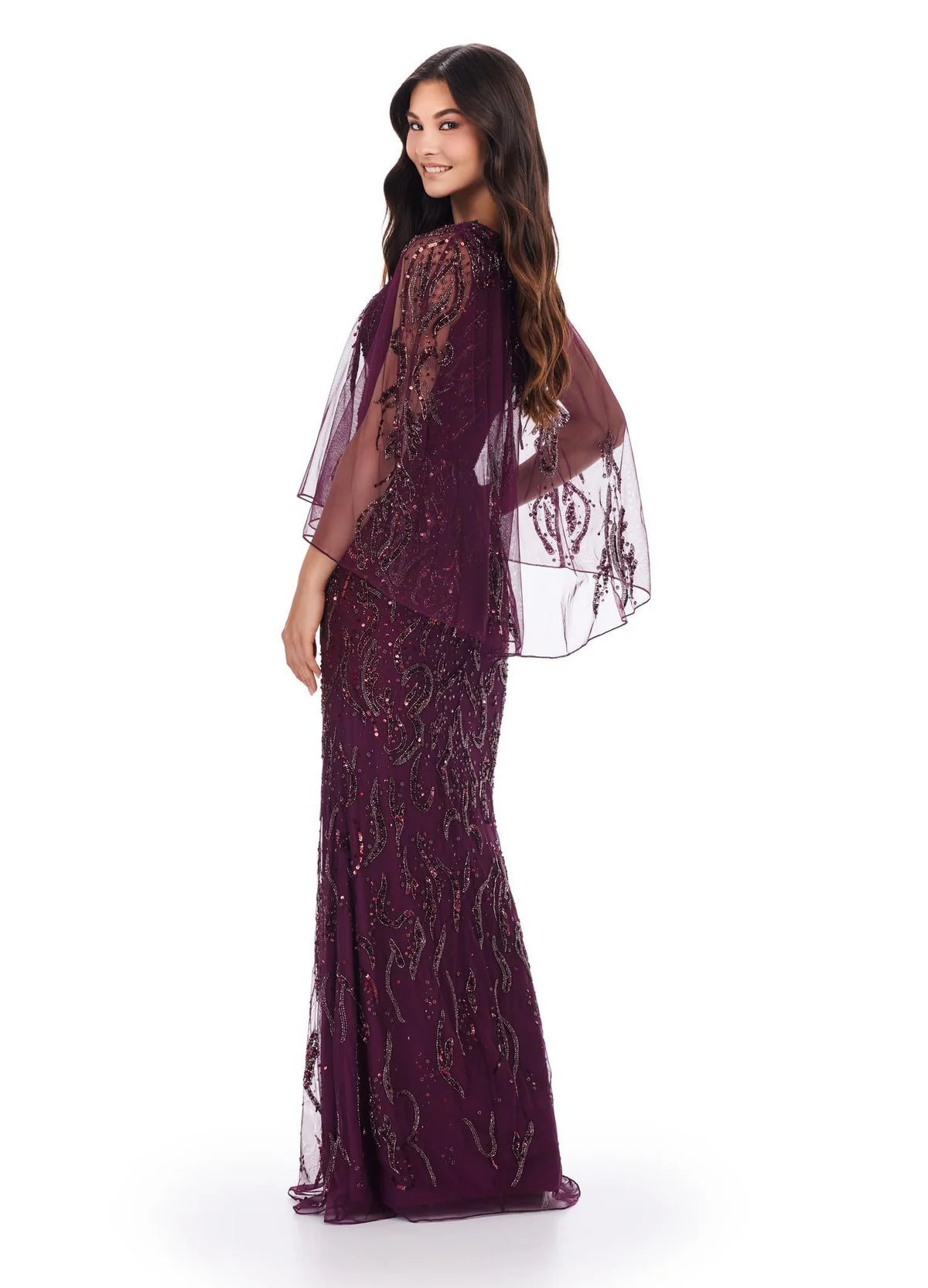 Back view - Elegant plum evening gown with a beaded design, sheer cape-style overlay, and a floor-length silhouette for a refined and sophisticated look.