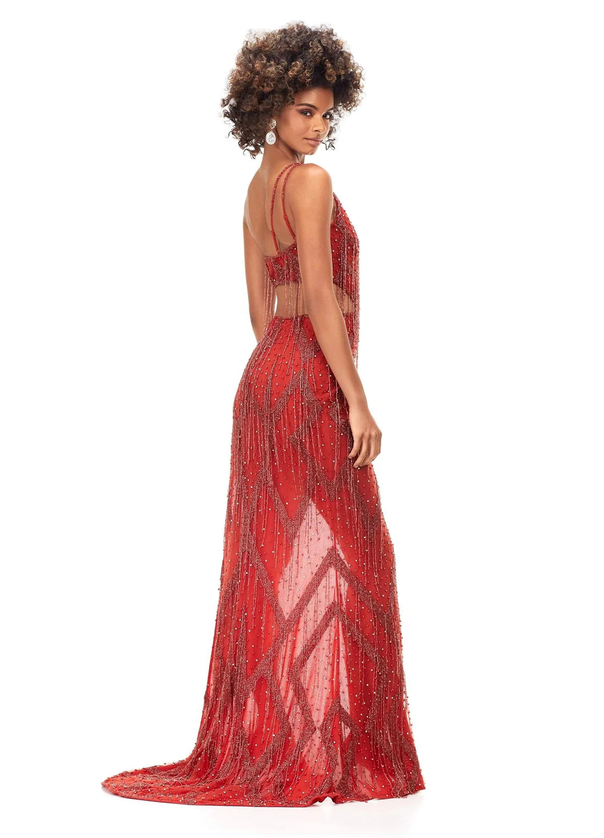 Indie ASHLEYlauren Dress - One Shoulder, Cut Out, Beaded Evening Gown - Red Fringe