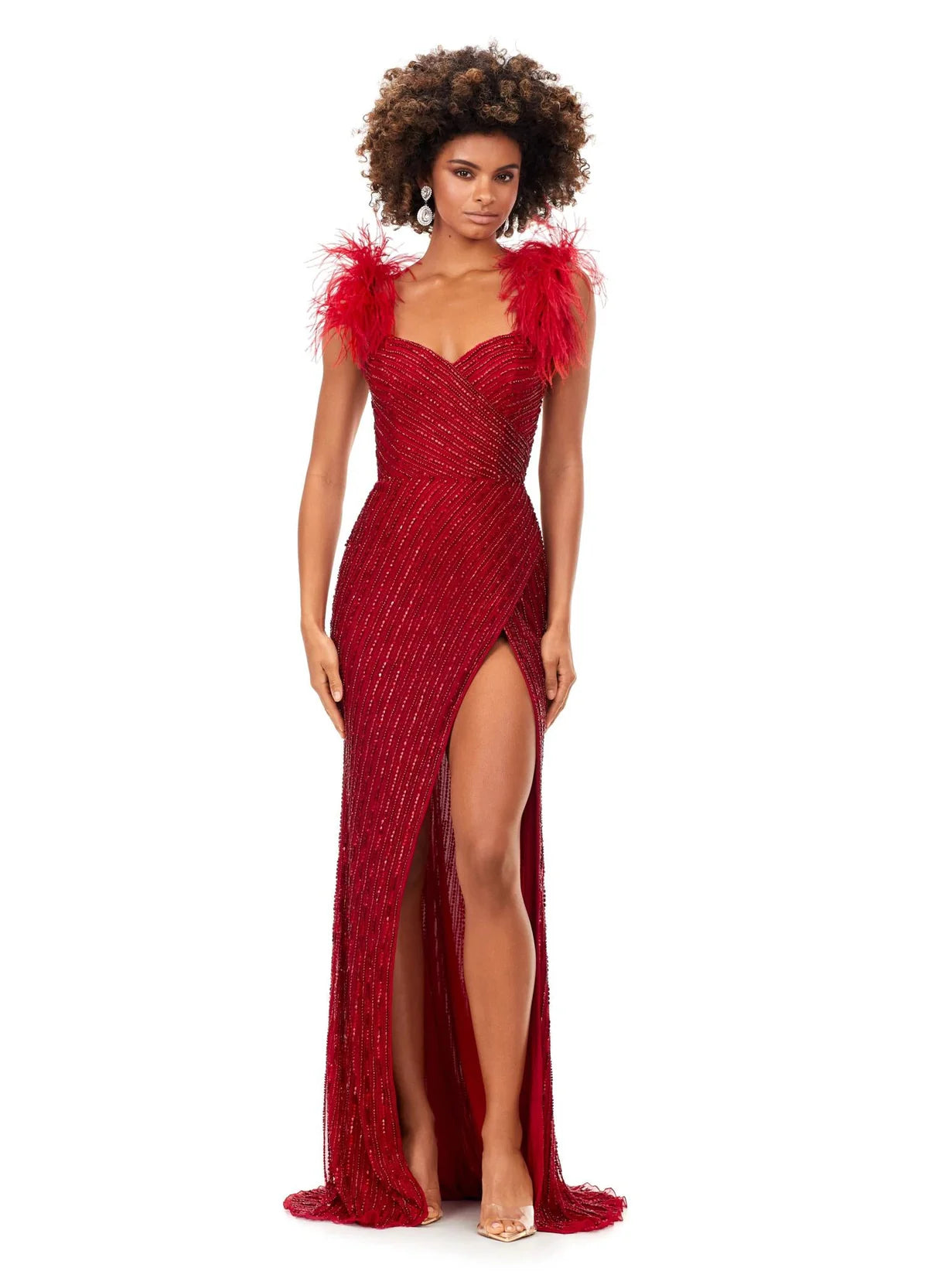 Red Beaded Evening Gown With Sweetheart Neckline, Feathered Shoulder Accents, High Slit, and Fitted Silhouette