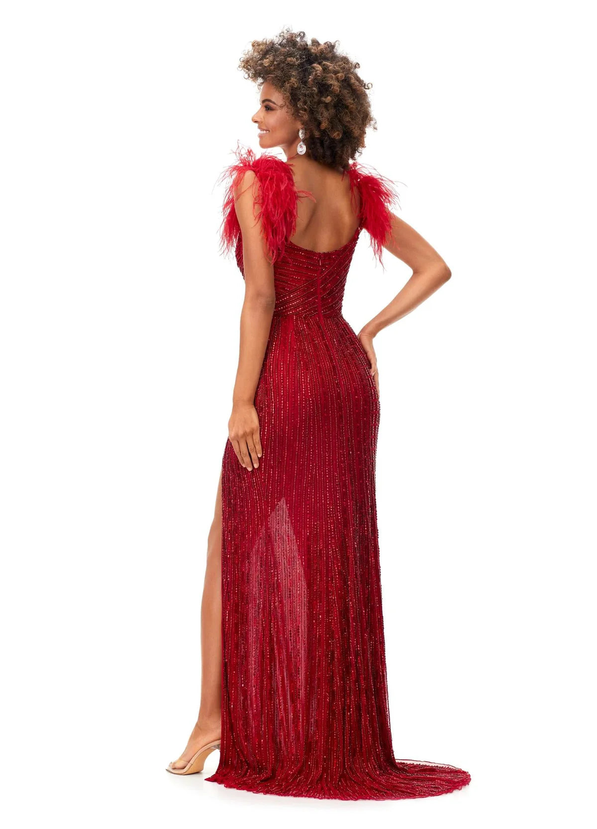 Back View - Red Beaded Evening Gown With Sweetheart Neckline, Feathered Shoulder Accents, High Slit, and Fitted Silhouette