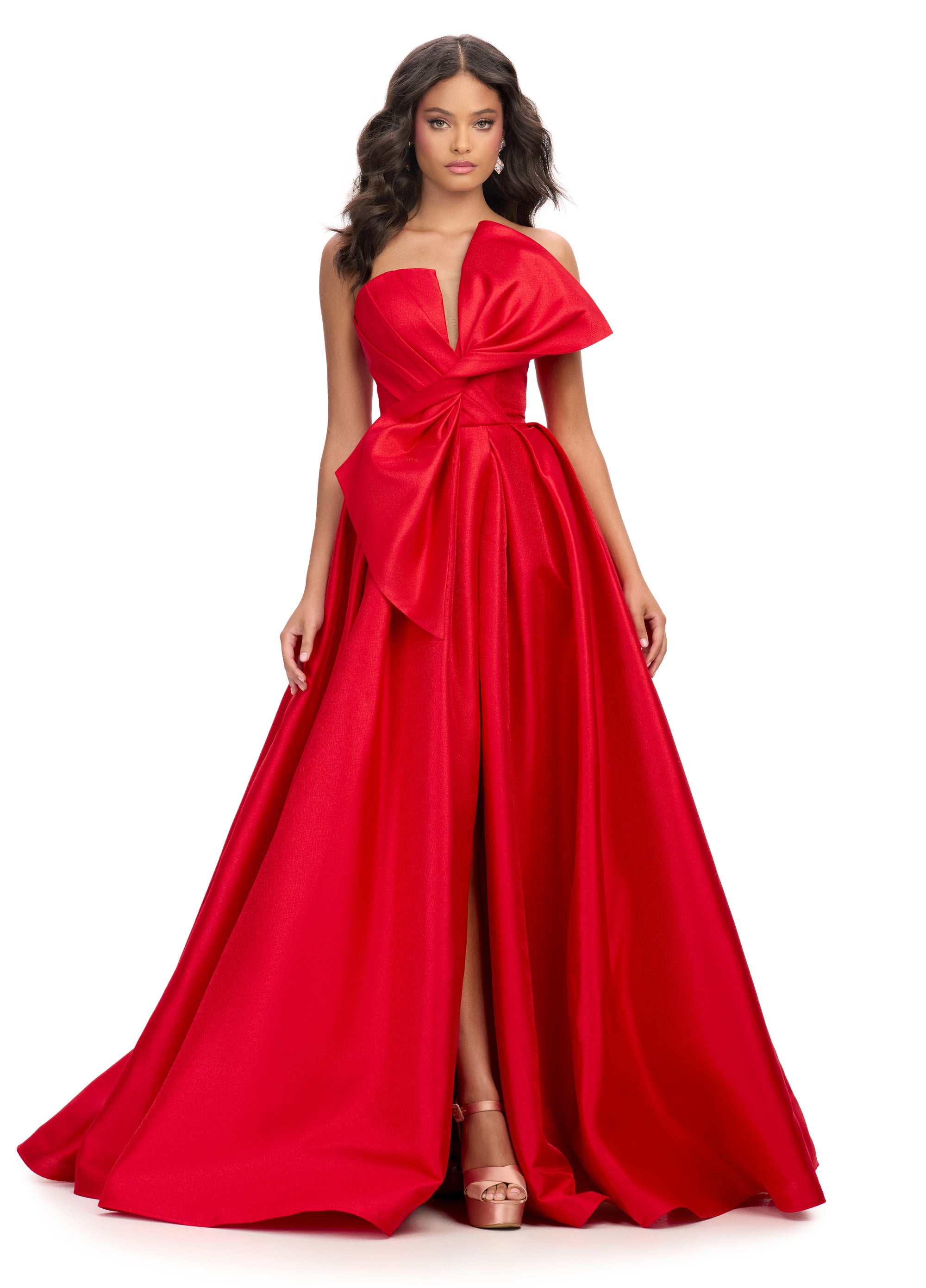 Delilah ASHLEYlauren Gown | Red Twisted Bow Bodice, Ball Gown With Slit