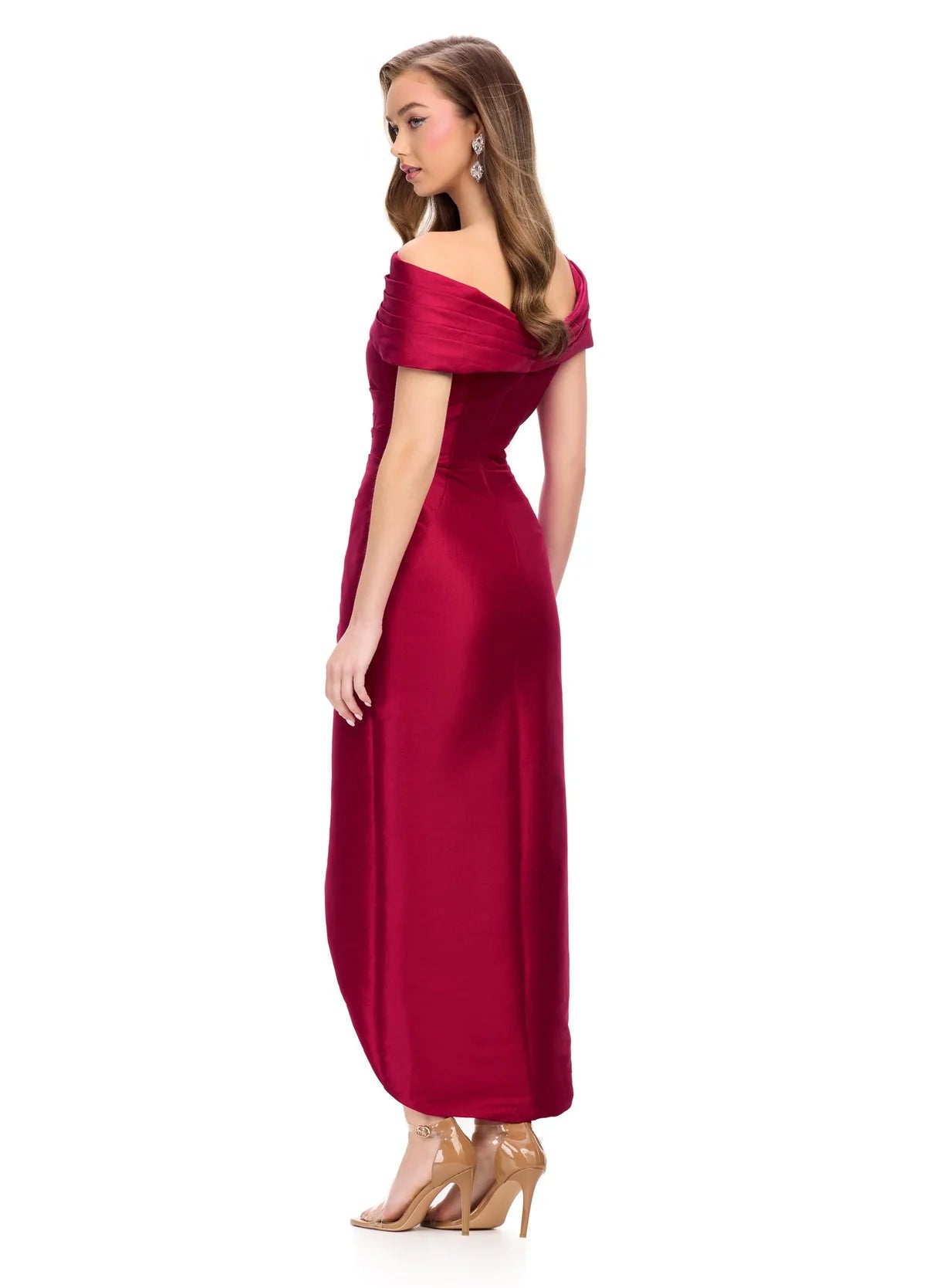 Red off-the-shoulder midi dress featuring a ruched bodice and wrap-style skirt, perfect for formal occasions and elegant events. Back view.