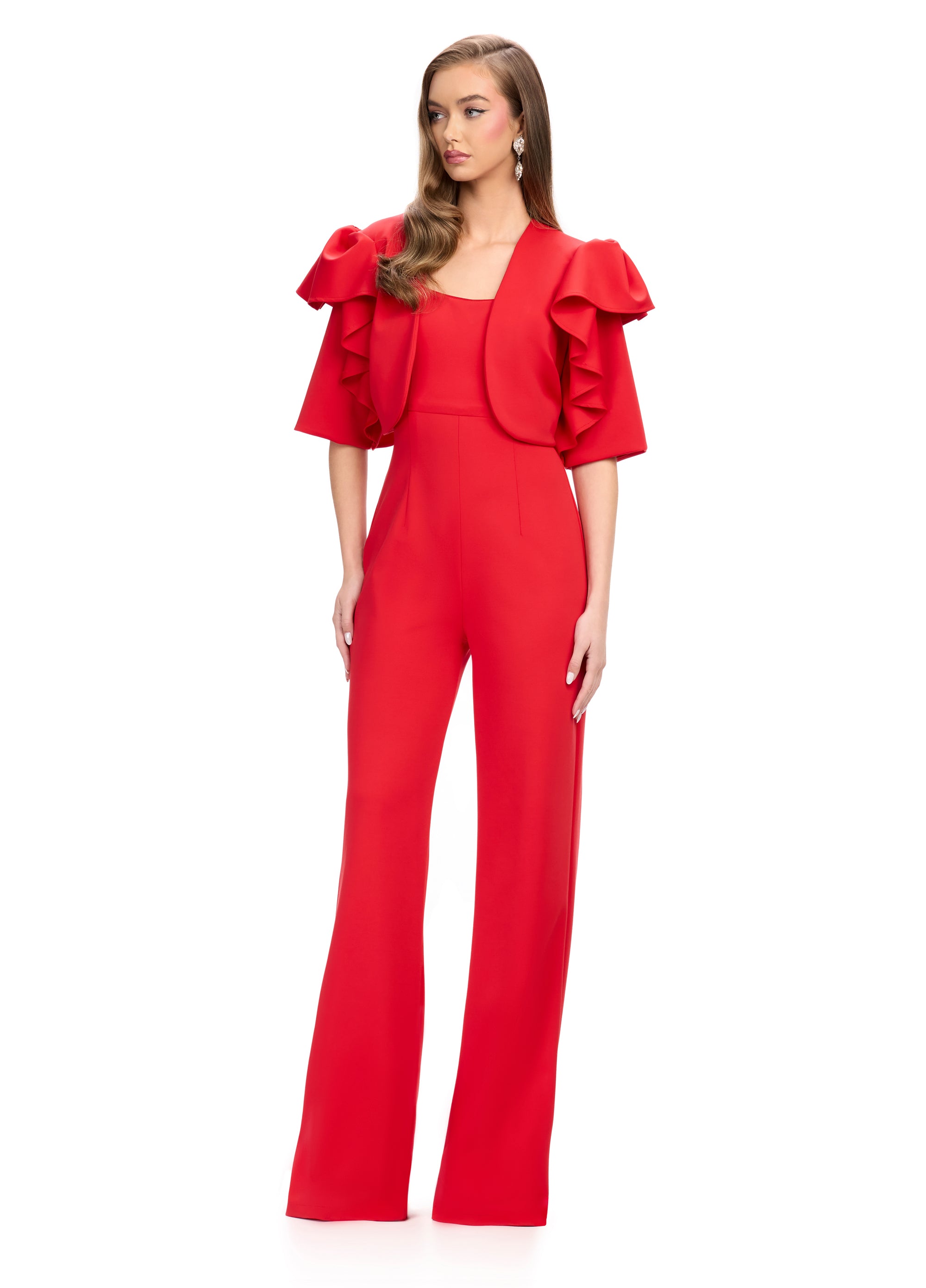 Red Square-Neck Red Jumpsuit with Wide-Leg Silhouette | Elegant and Modern Evening Wear