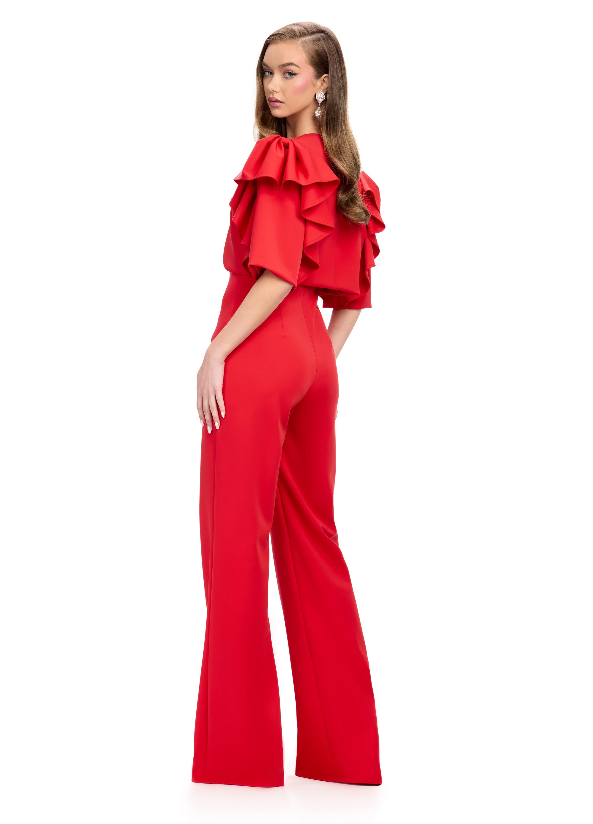 Back view | Red Square-Neck Red Jumpsuit with Wide-Leg Silhouette | Elegant and Modern Evening Wear