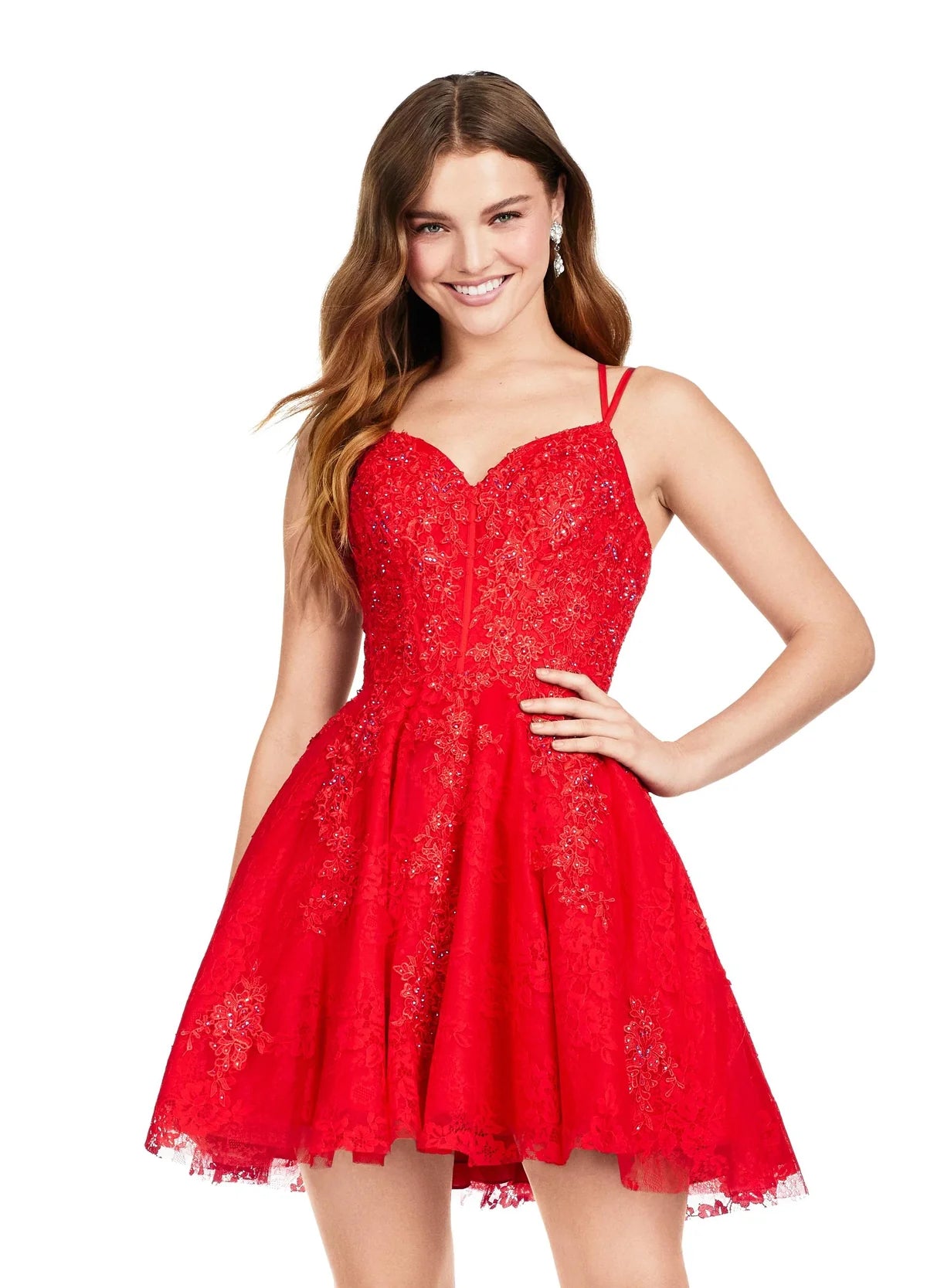 Red lace mini dress featuring a sweetheart neckline, fitted bodice, and flared skirt with delicate detailing.